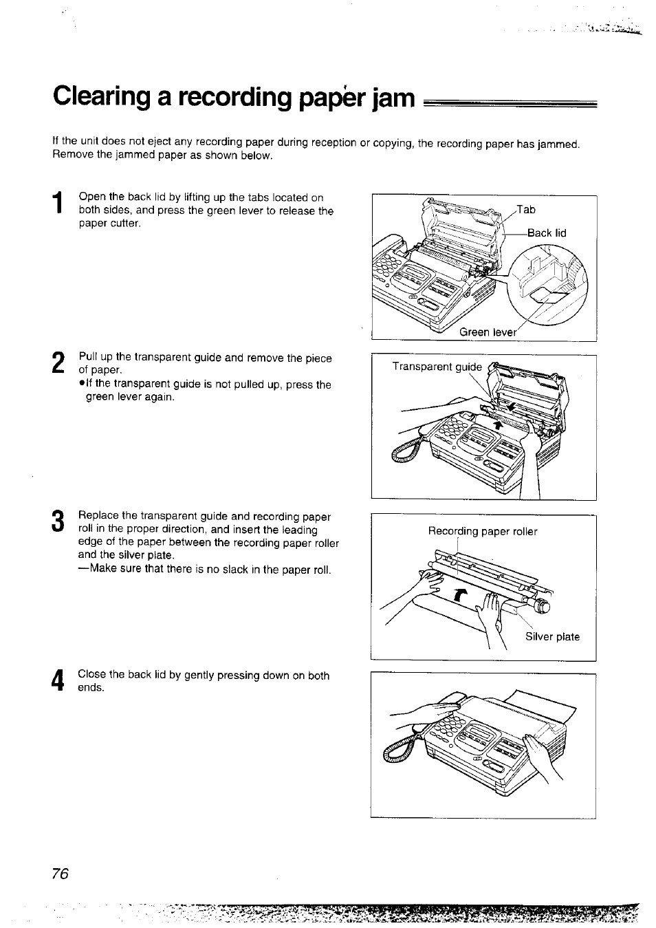 Clearing a recording paper jam | Panasonic KX-F2781NZ User Manual | Page 76 / 82