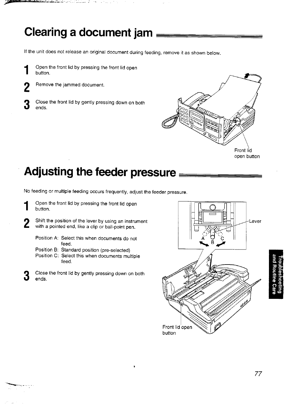 Clearing a document jam, Adjusting the feeder pressure | Panasonic KX-F2781NZ User Manual | Page 77 / 82