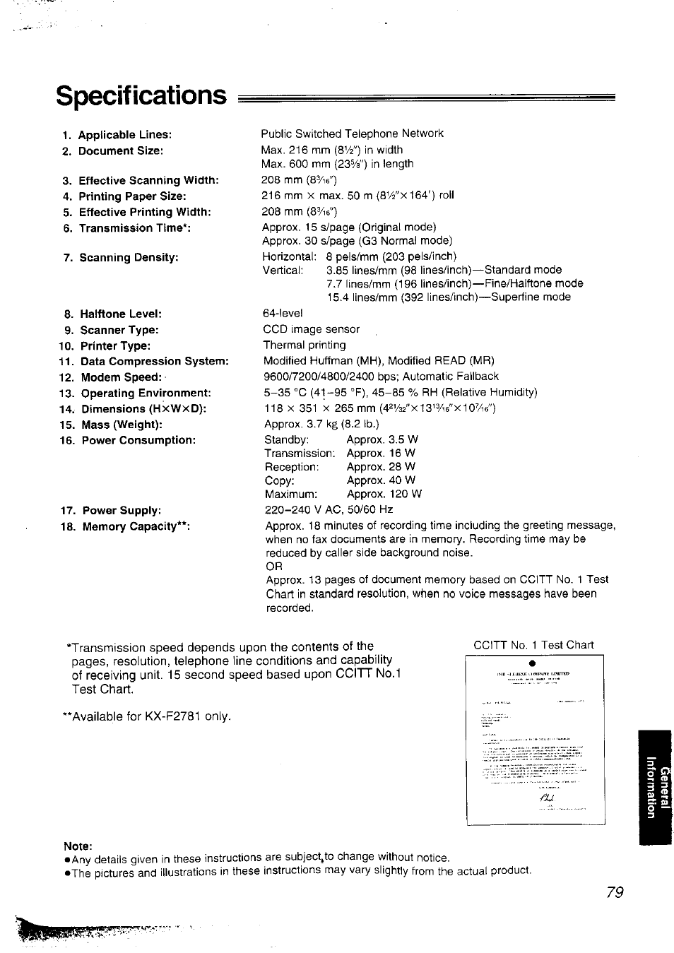 Specifications, Note | Panasonic KX-F2781NZ User Manual | Page 79 / 82