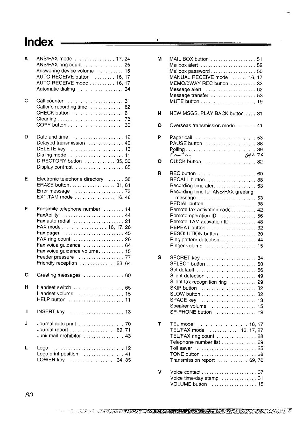 Index | Panasonic KX-F2781NZ User Manual | Page 80 / 82