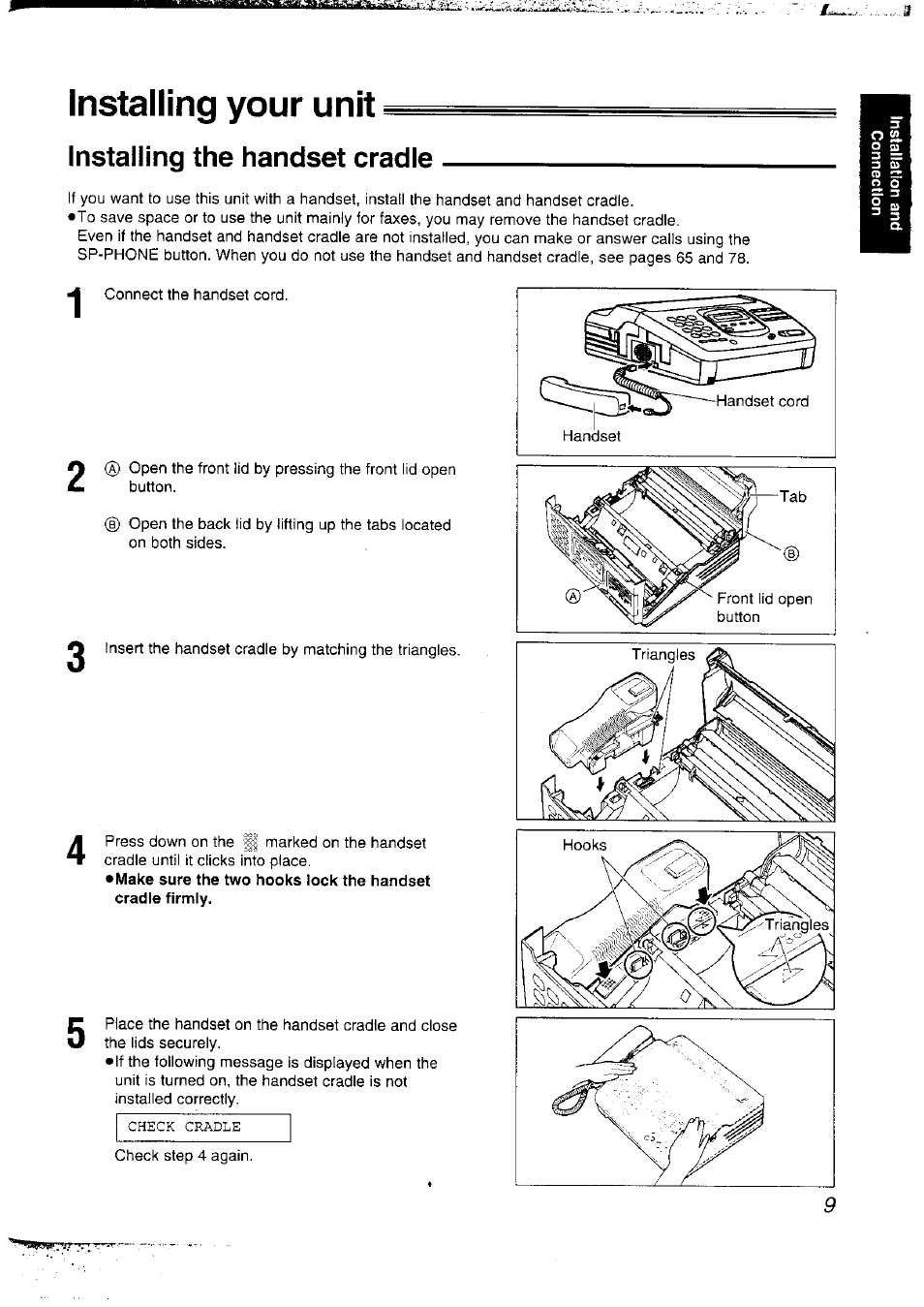 Installing your unit, Installing the handset cradle | Panasonic KX-F2781NZ User Manual | Page 9 / 82