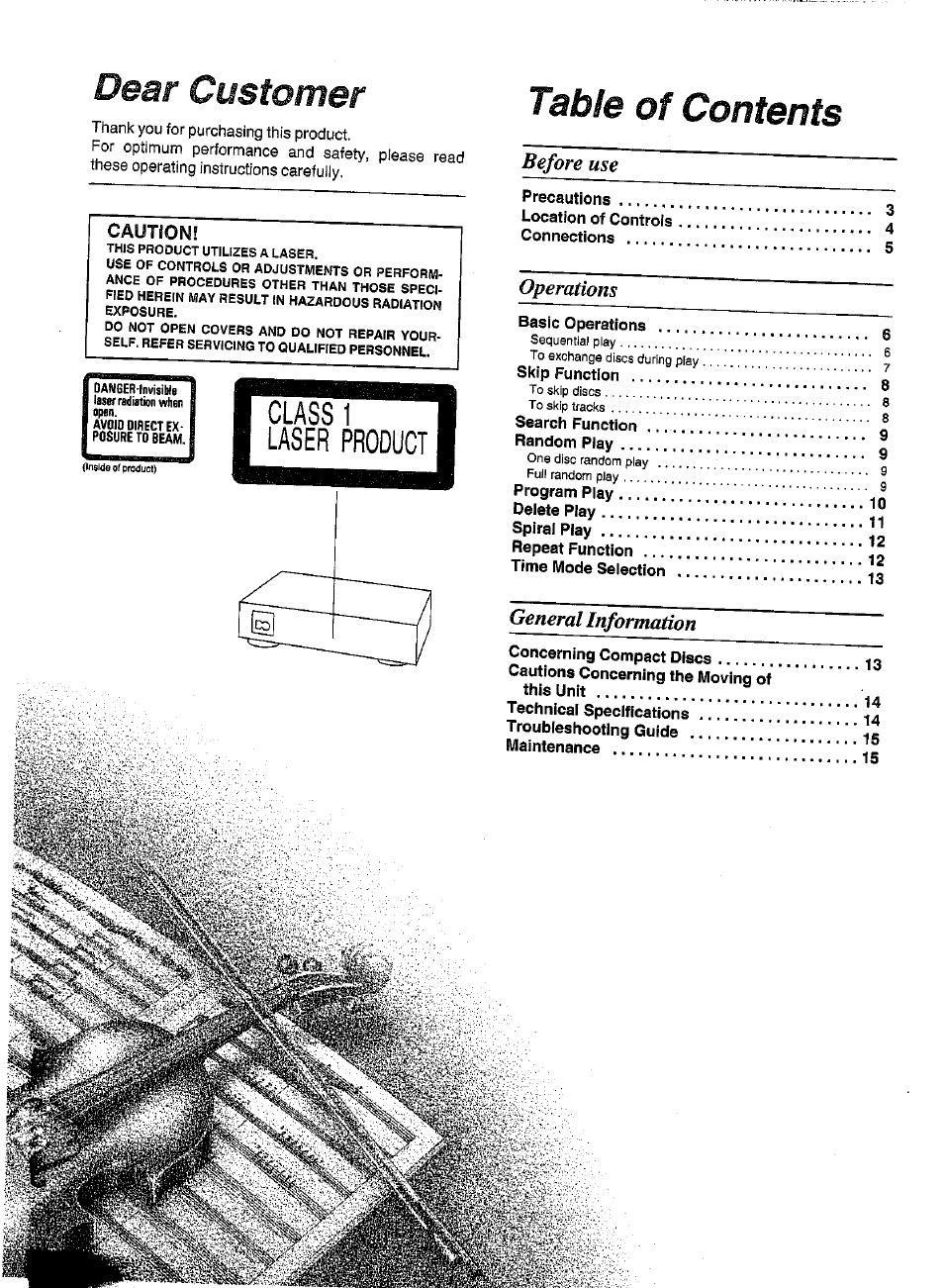 Dear customer table of contents, Before use, Operations | General information | Panasonic SL-PD1348 User Manual | Page 2 / 16