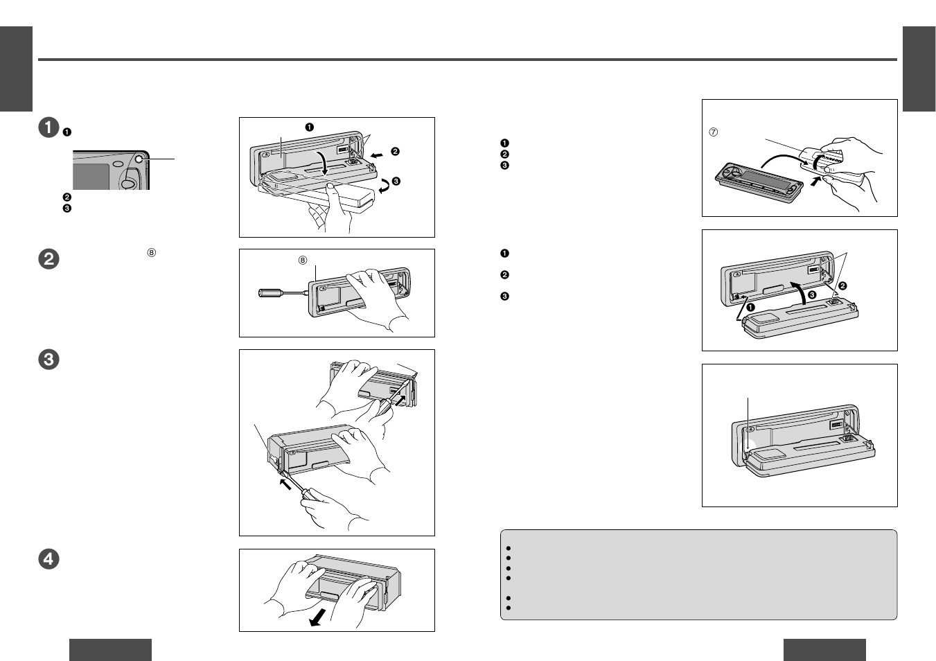 Installation guide, Anti-theft system, Remove the unit | Security indicator, Panel removal alarm, Install removable face plate, Place the removable face plate into case | Panasonic CQ-DF701W User Manual | Page 14 / 19