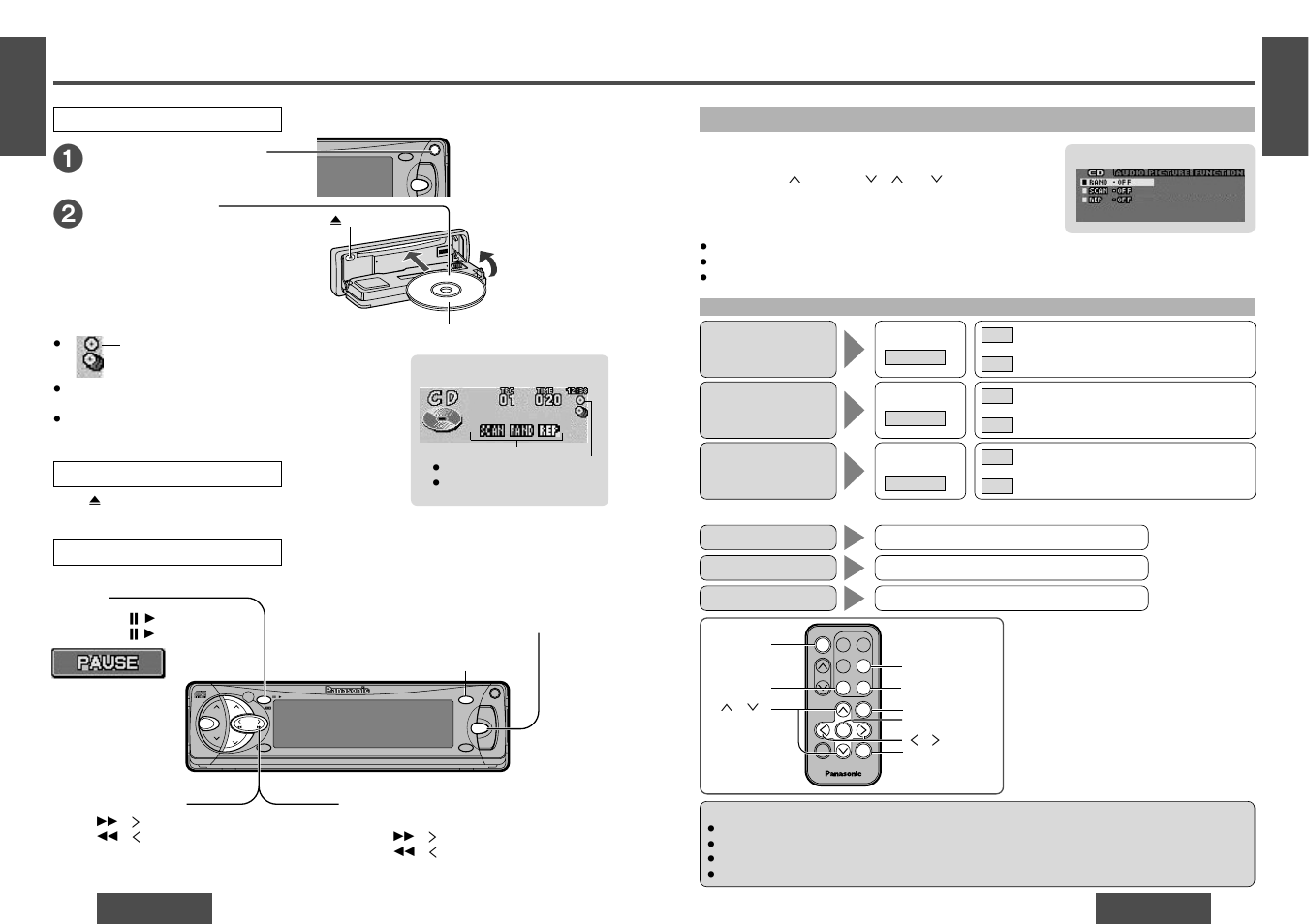 Cd player, Track selection, Cd player mode | Open the front panel, Insert the disc, Pause, Menu setting on cd player mode, Track search | Panasonic CQ-DF701W User Manual | Page 7 / 19