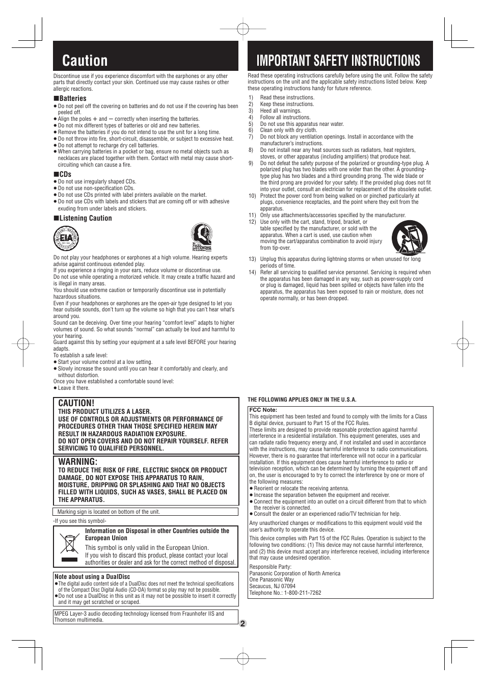 Caution, Important safety instructions, Warning | Panasonic SL-SX480 User Manual | Page 2 / 6