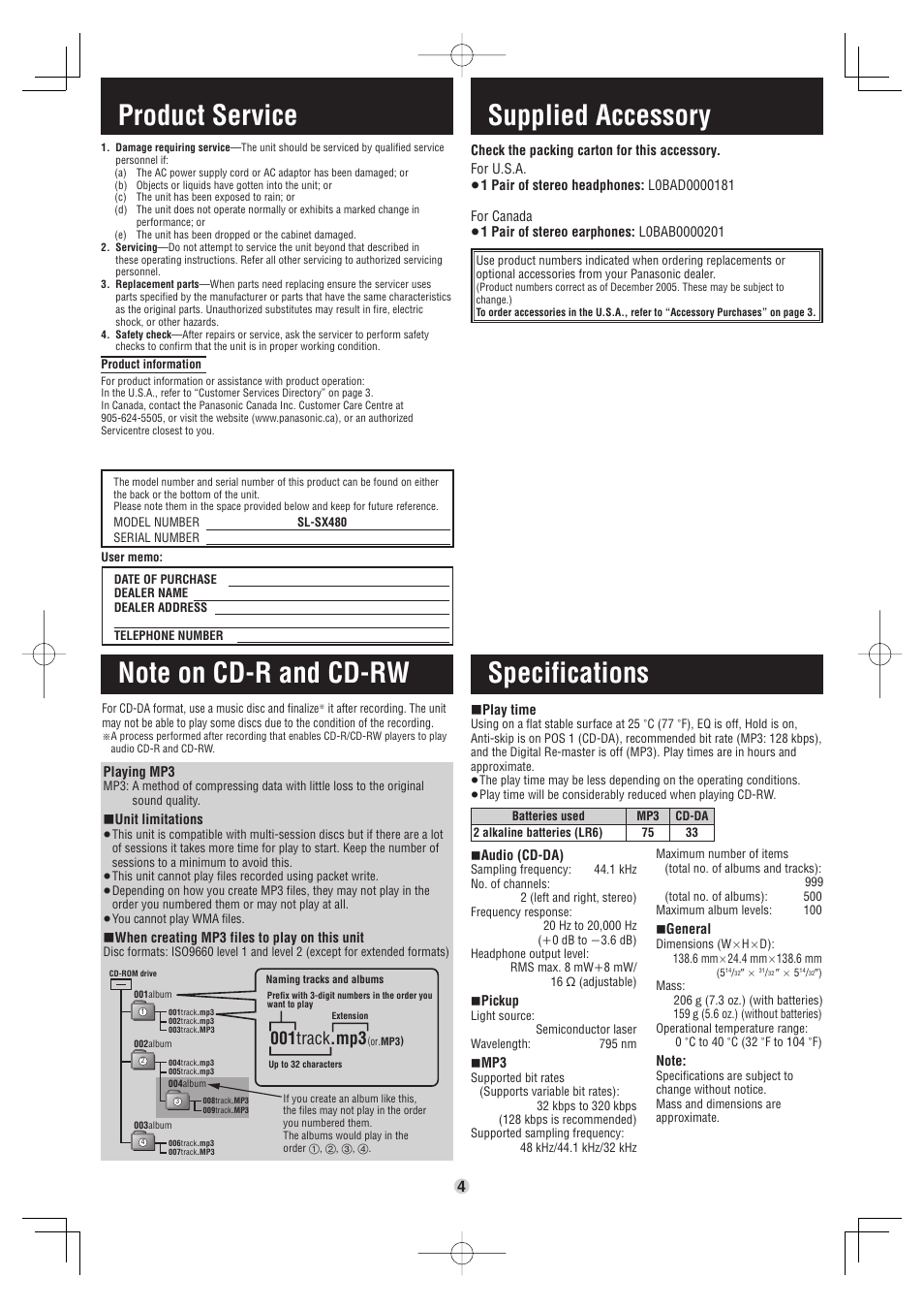 Supplied accessory, Specifications, Product service | 001 track .mp3 | Panasonic SL-SX480 User Manual | Page 4 / 6