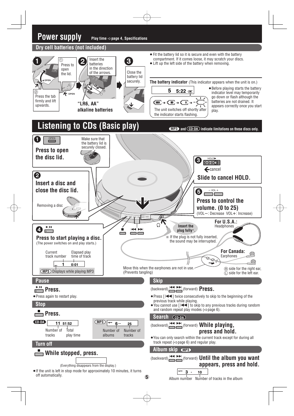 Listening to cds (basic play), Power supply, Press to control the volume. (0 to 25) | Press, While stopped, press, While playing, press and hold, Until the album you want appears, press and hold, Press to start playing a disc, Pause, Turn off | Panasonic SL-SX480 User Manual | Page 5 / 6