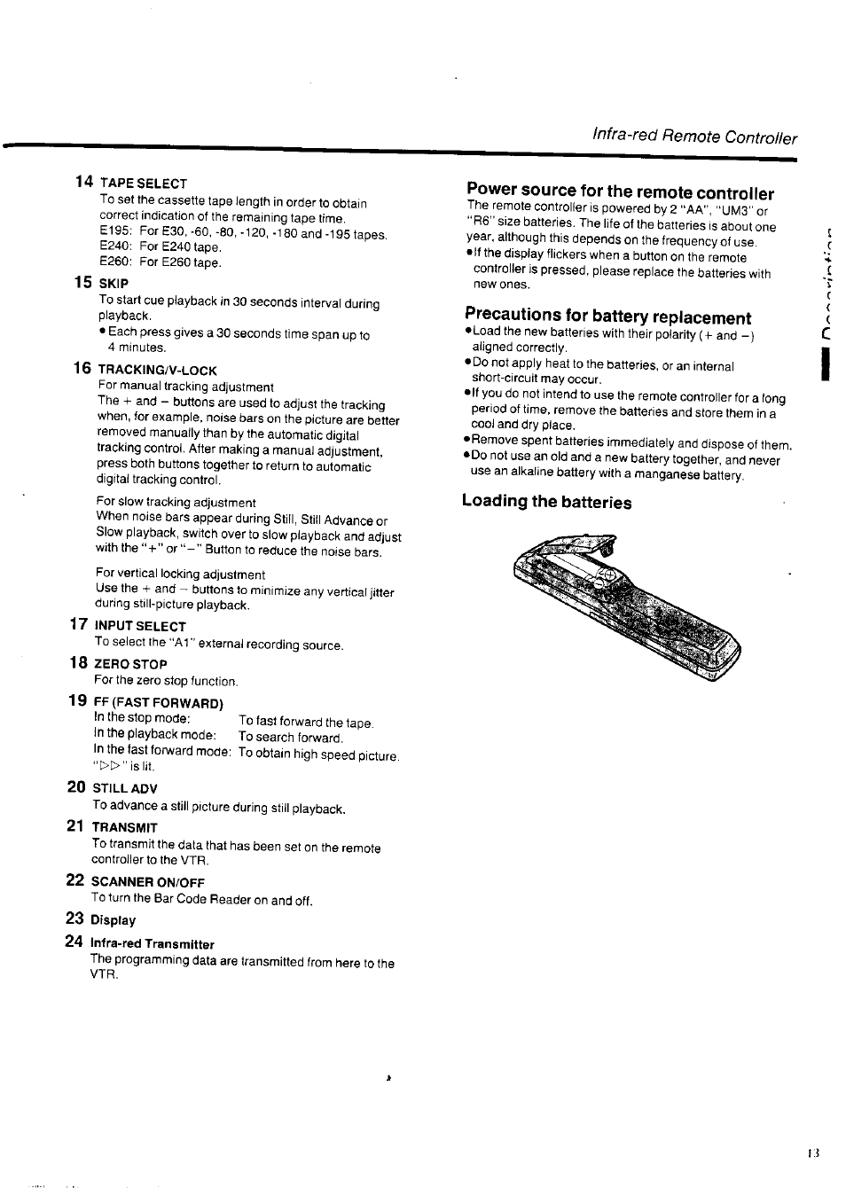 14 tape select, 16 tracking/v-lock, 17 input select | 18 zero stop, 19 ff (fast forward), 20 still adv, 21 transmit, 22 scanner on/off, 23 display, 24 infra-red transmitter | Panasonic NV-HD100EA User Manual | Page 13 / 35