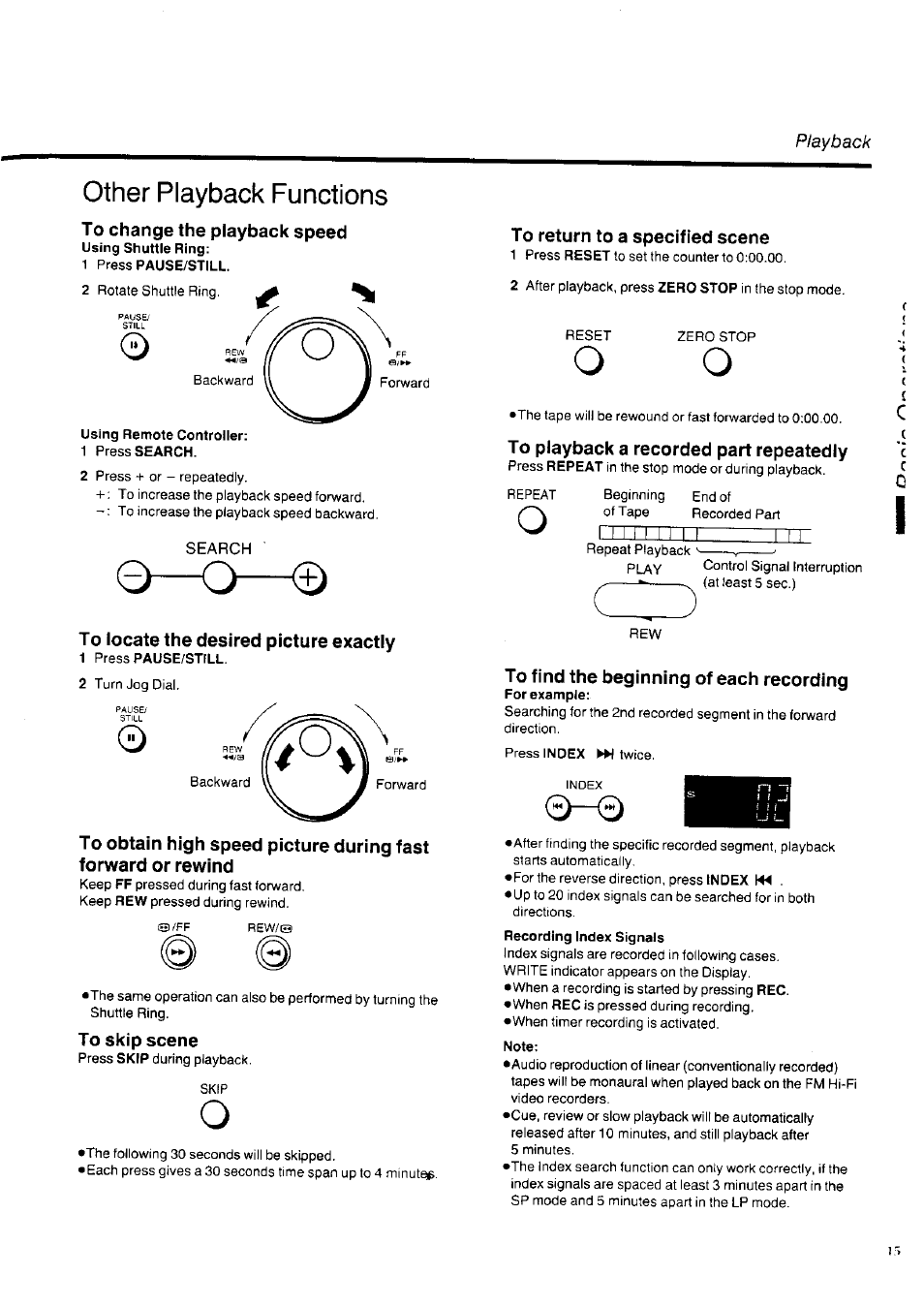 To change the playback speed, 1 press pause/still, To locate the desired picture exactly | To skip scene, To return to a specified scene, To playback a recorded part repeatedly, To find the beginning of each recording, Note, Q—o—^3, Other playback functions | Panasonic NV-HD100EA User Manual | Page 15 / 35