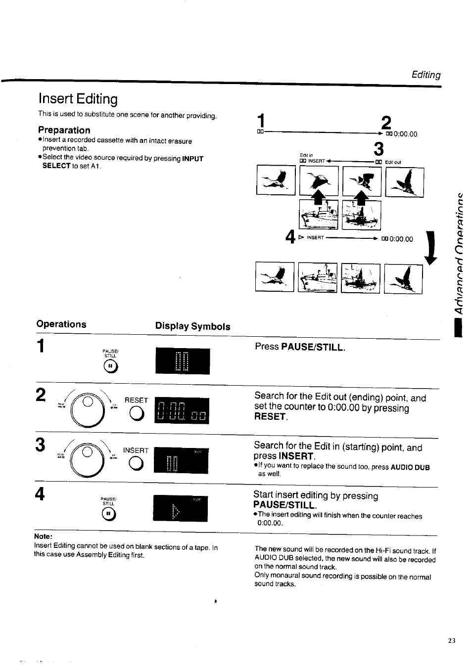 Preparation, Operations, Display symbols | Press pause/still, Start insert editing by pressing pause/still, Note, At 4, Insert editing | Panasonic NV-HD100EA User Manual | Page 23 / 35