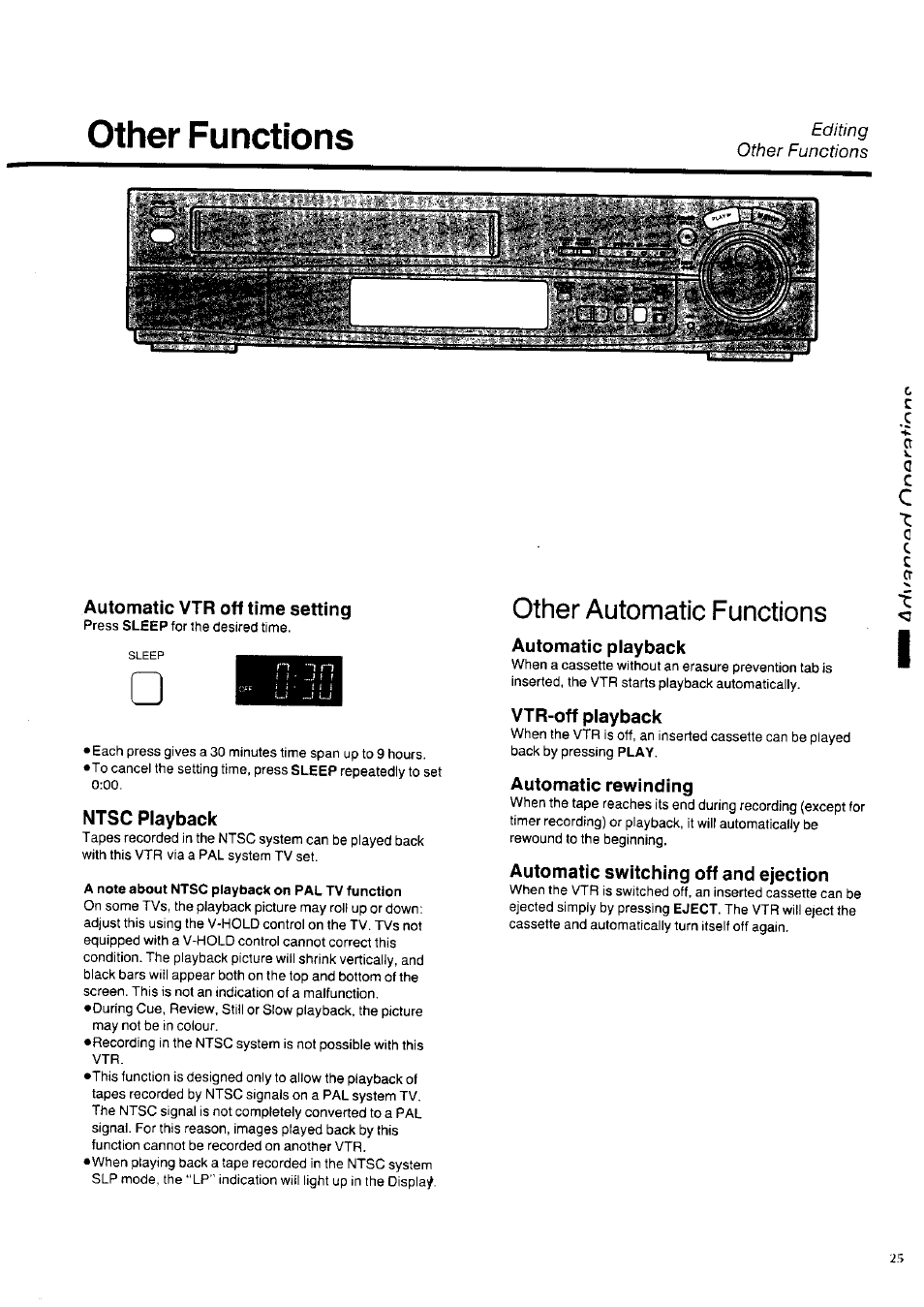 Other functions, Automatic vtr oft time setting, A note about ntsc playback on pal tv function | Automatic playback, Vtr-off playback, Automatic rewinding, Automatic switching off and ejection, Other automatic functions | Panasonic NV-HD100EA User Manual | Page 25 / 35