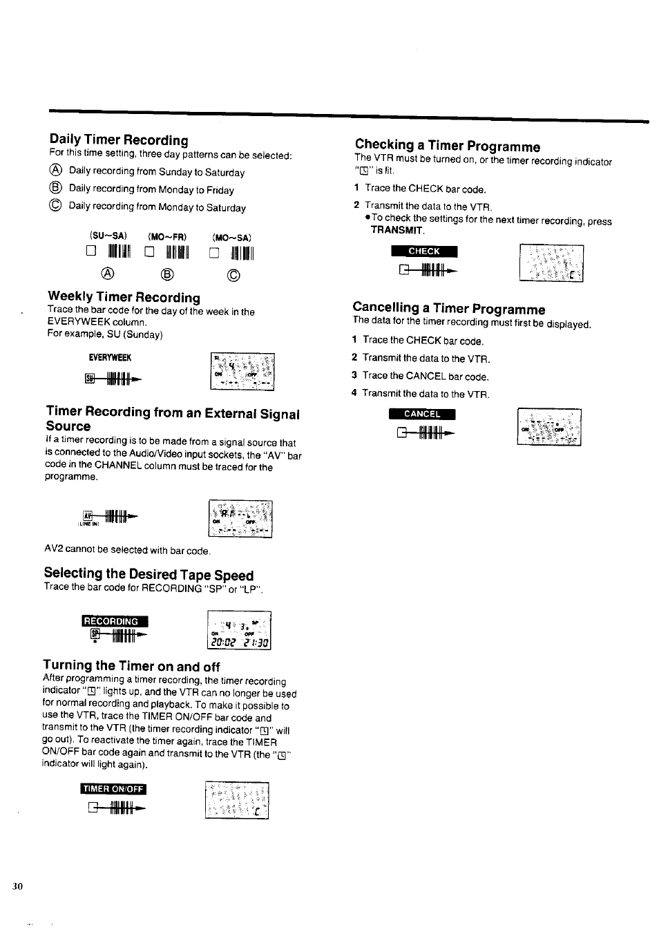 Daily timer recording, Su-sa), Weekly timer recording | Timer recording from an external signal source, Checking a timer programme, Cancelling a timer programme, Selecting the desired tape speed, Turning the timer on and off, Timer recording | Panasonic NV-HD100EA User Manual | Page 30 / 35