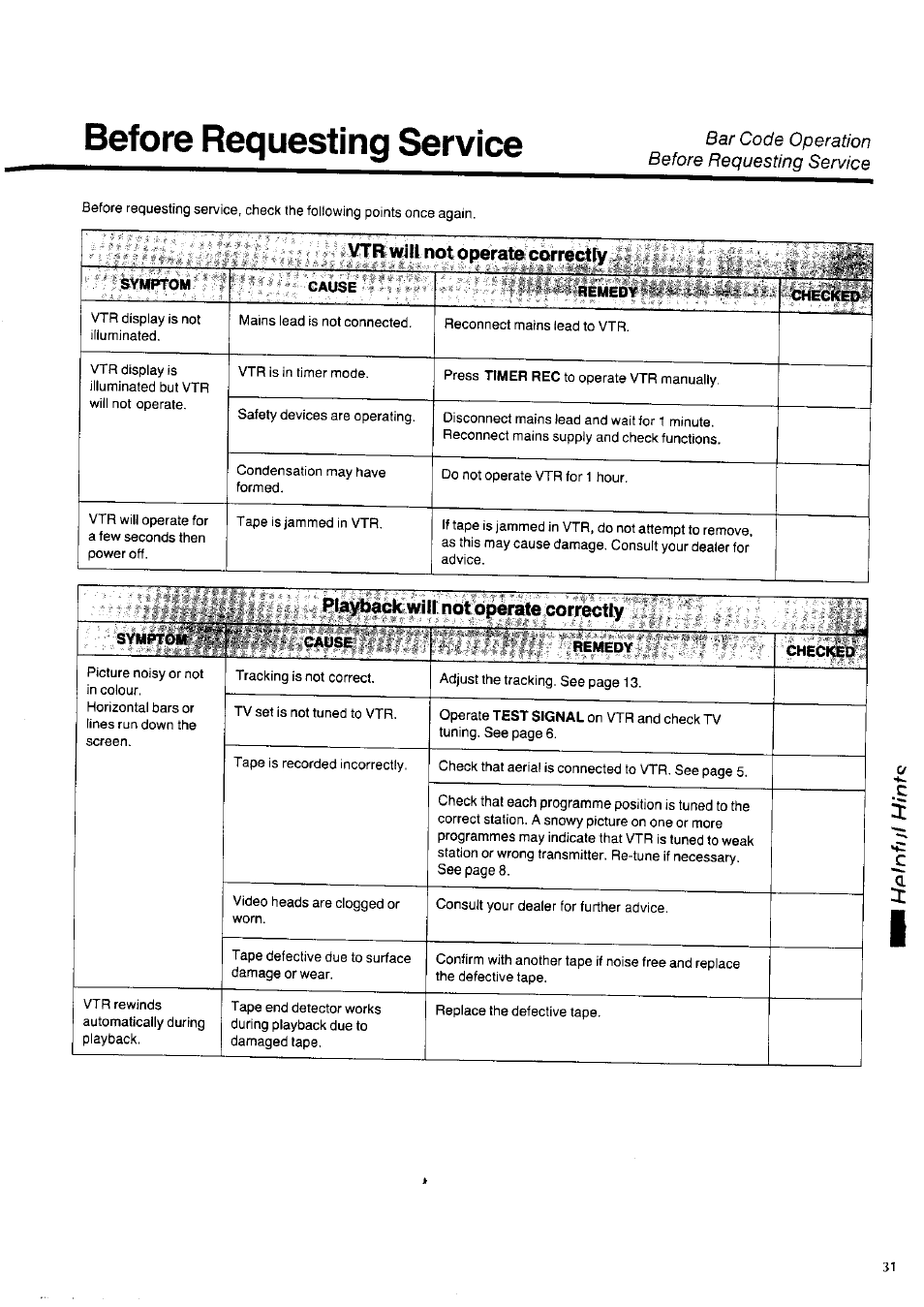 Before requesting service, Vtr will not operate correctly | Panasonic NV-HD100EA User Manual | Page 31 / 35