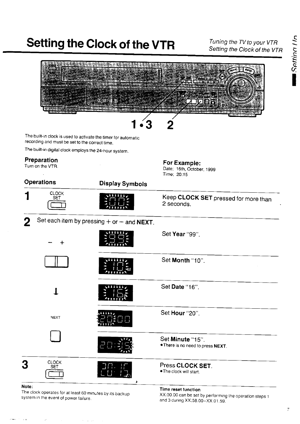 Setting the clock of the vtr, Preparation, Display symbols | Set month “10, Set hour “20, Set minute “15, Press clock set | Panasonic NV-HD100EA User Manual | Page 7 / 35