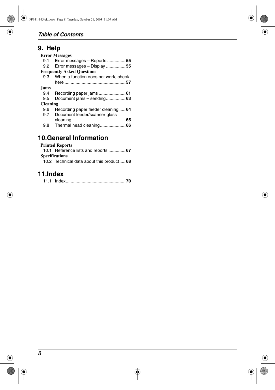 Help, General information, Index | Panasonic KX-FP145AL User Manual | Page 10 / 74