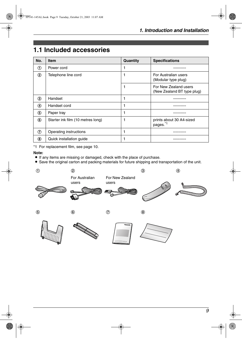 1 included accessories, Introduction and installation 9 | Panasonic KX-FP145AL User Manual | Page 11 / 74