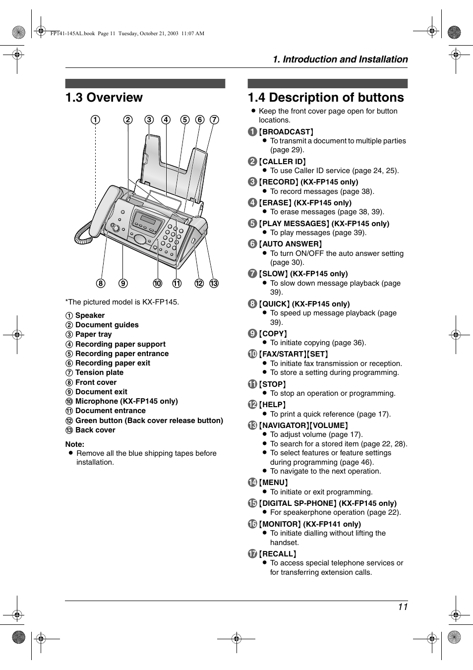 3 overview, 4 description of buttons | Panasonic KX-FP145AL User Manual | Page 13 / 74