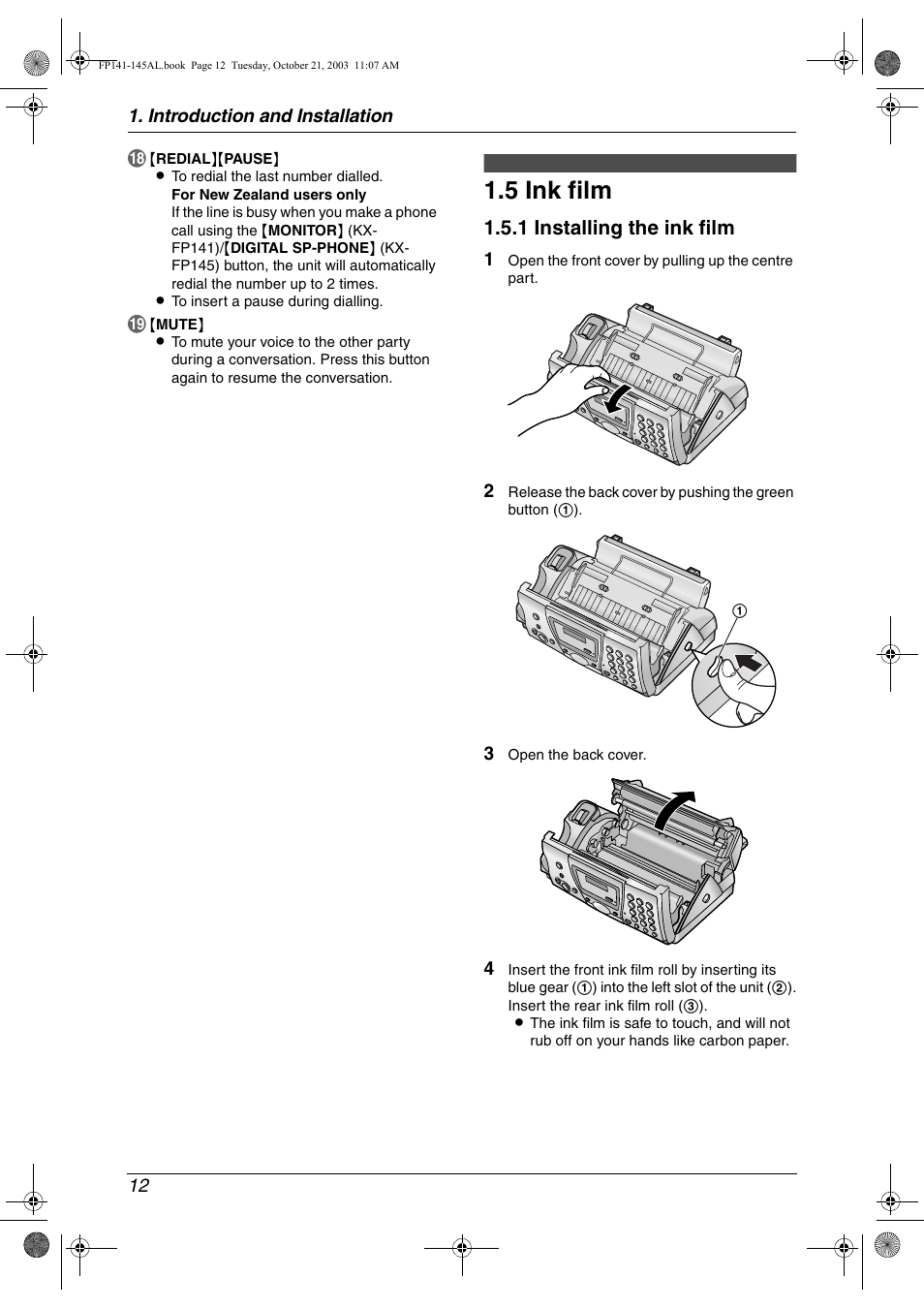 5 ink film, 1 installing the ink film | Panasonic KX-FP145AL User Manual | Page 14 / 74