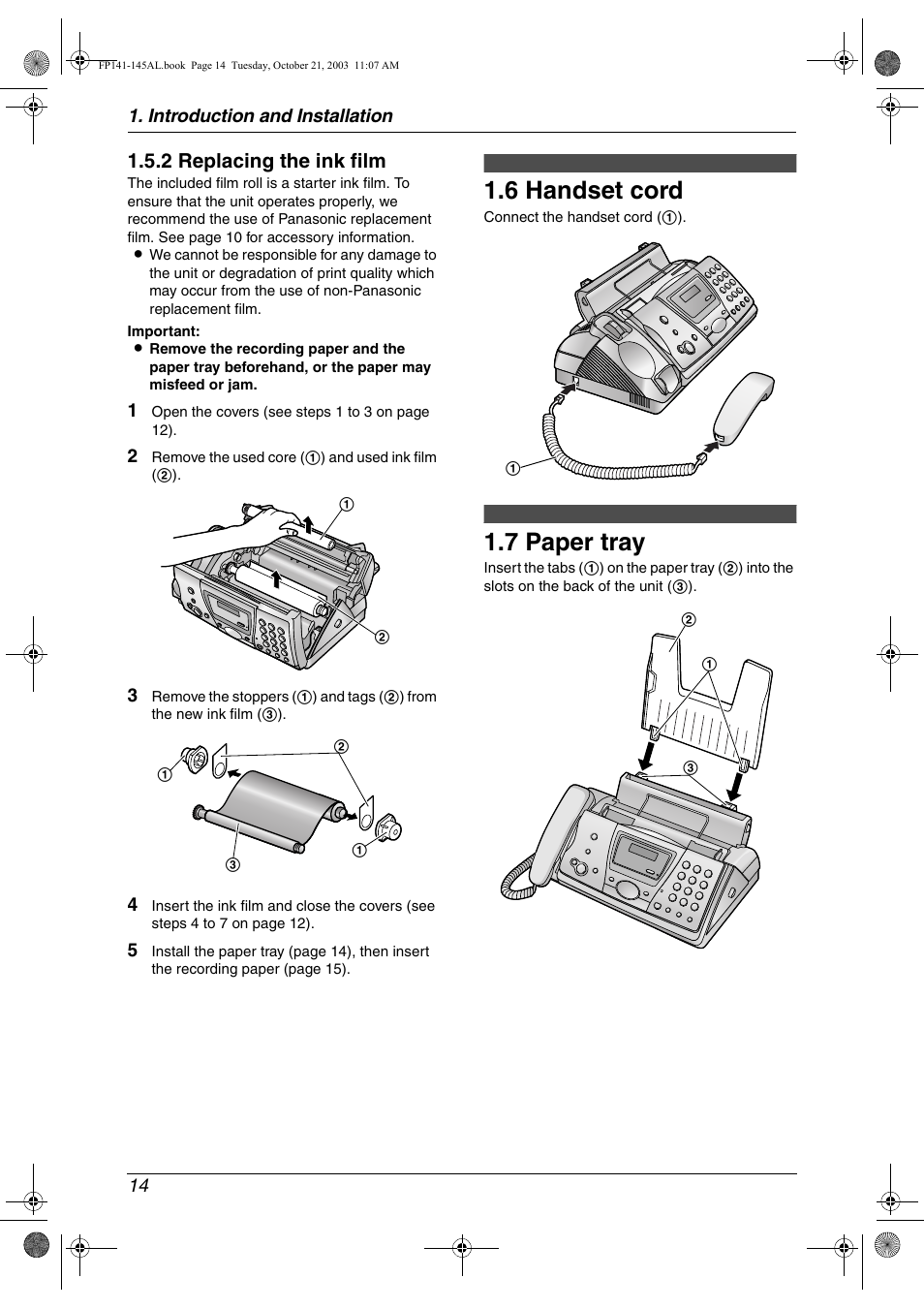 6 handset cord, 7 paper tray, 2 replacing the ink film | Panasonic KX-FP145AL User Manual | Page 16 / 74