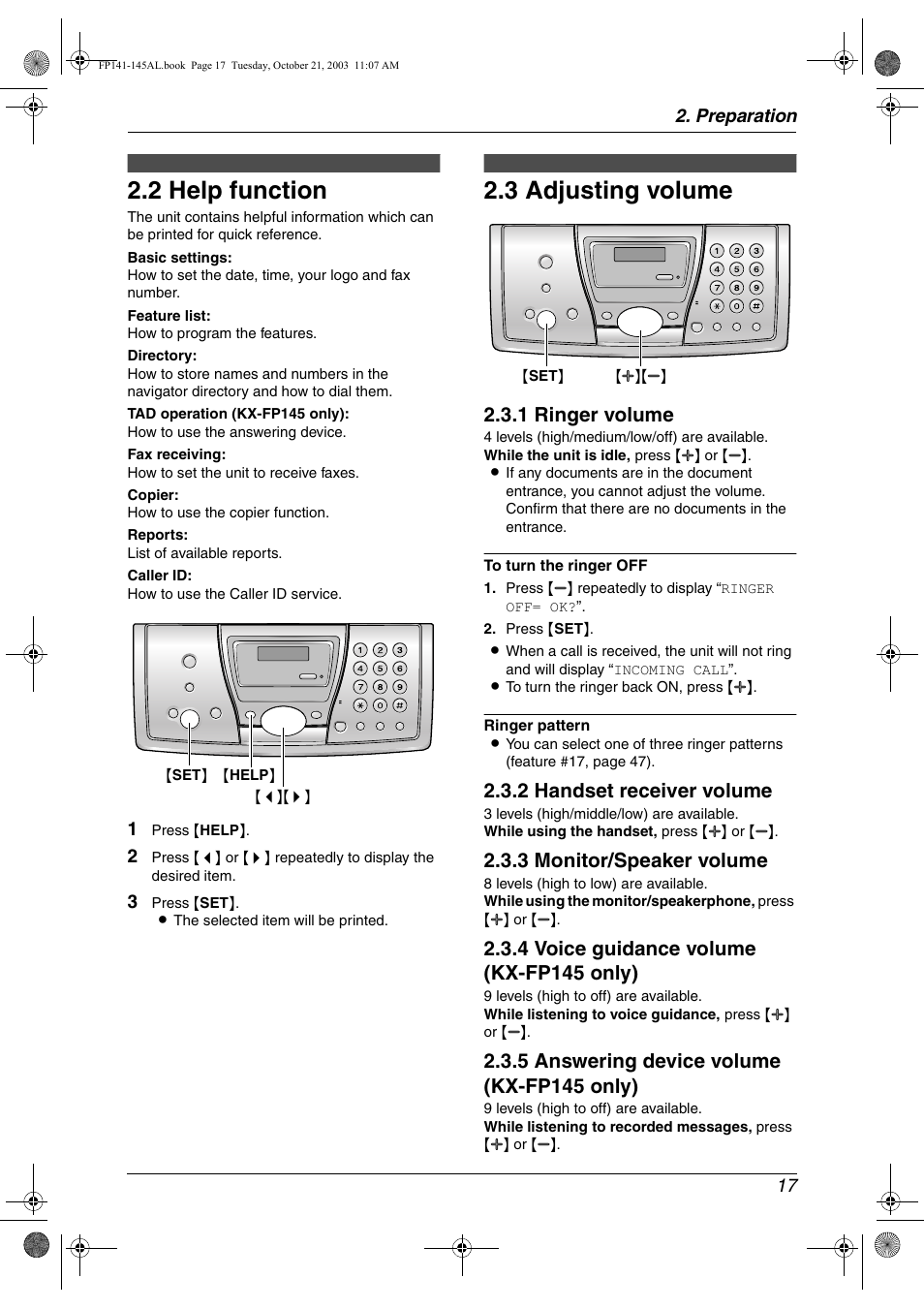 2 help function, 3 adjusting volume, 1 ringer volume | 2 handset receiver volume, 3 monitor/speaker volume, 4 voice guidance volume (kx-fp145 only), 5 answering device volume (kx-fp145 only) | Panasonic KX-FP145AL User Manual | Page 19 / 74