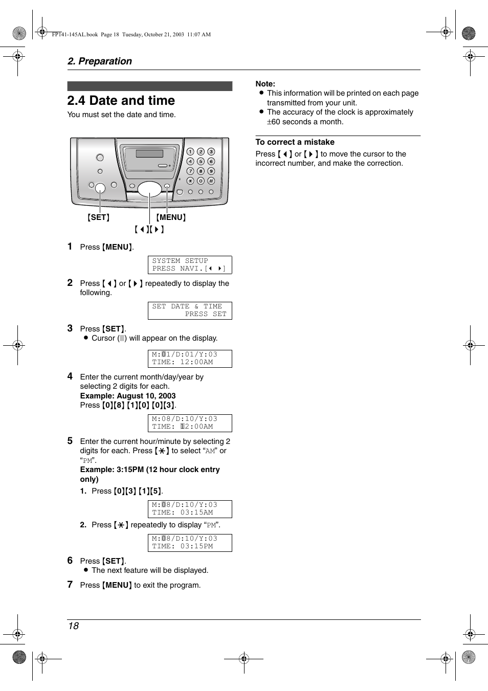 4 date and time, Preparation 18 | Panasonic KX-FP145AL User Manual | Page 20 / 74