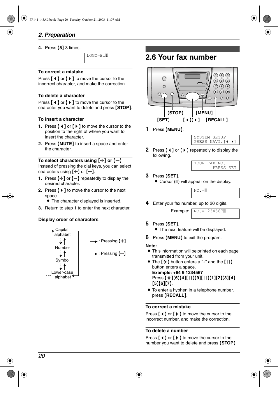6 your fax number, Preparation 20 | Panasonic KX-FP145AL User Manual | Page 22 / 74