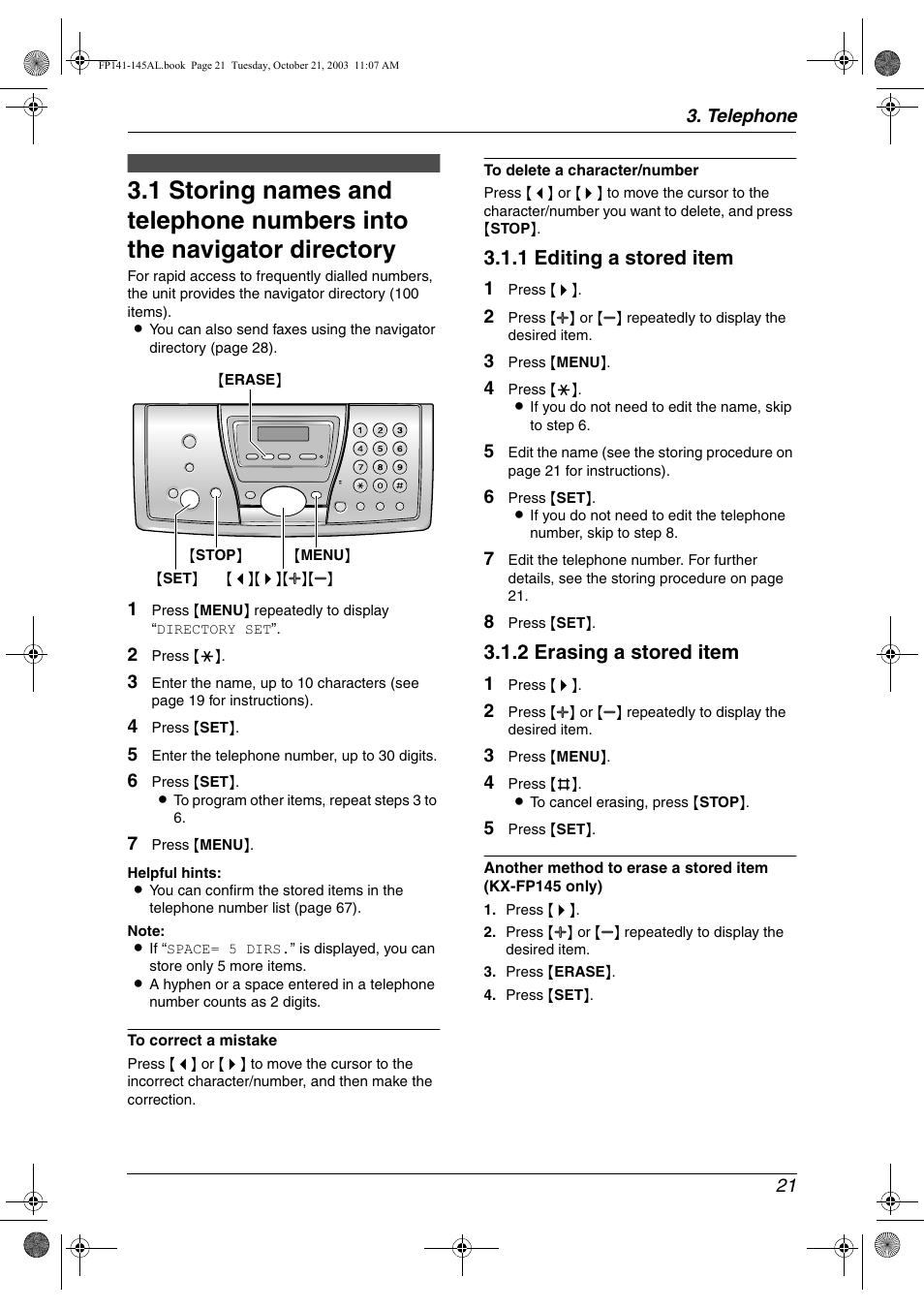 1 editing a stored item, 2 erasing a stored item | Panasonic KX-FP145AL User Manual | Page 23 / 74