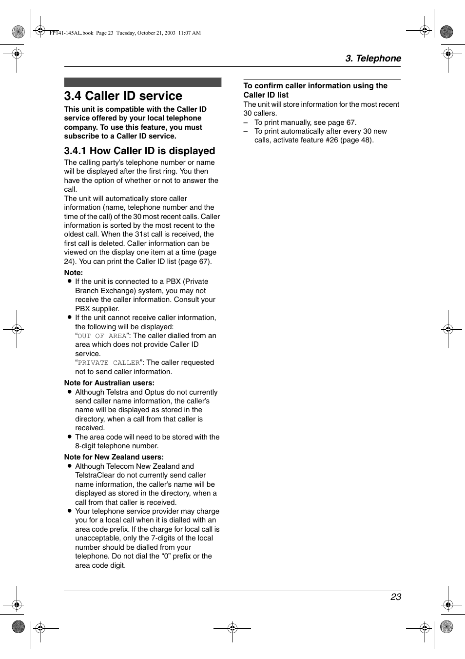 4 caller id service, 1 how caller id is displayed, Telephone 23 | Panasonic KX-FP145AL User Manual | Page 25 / 74