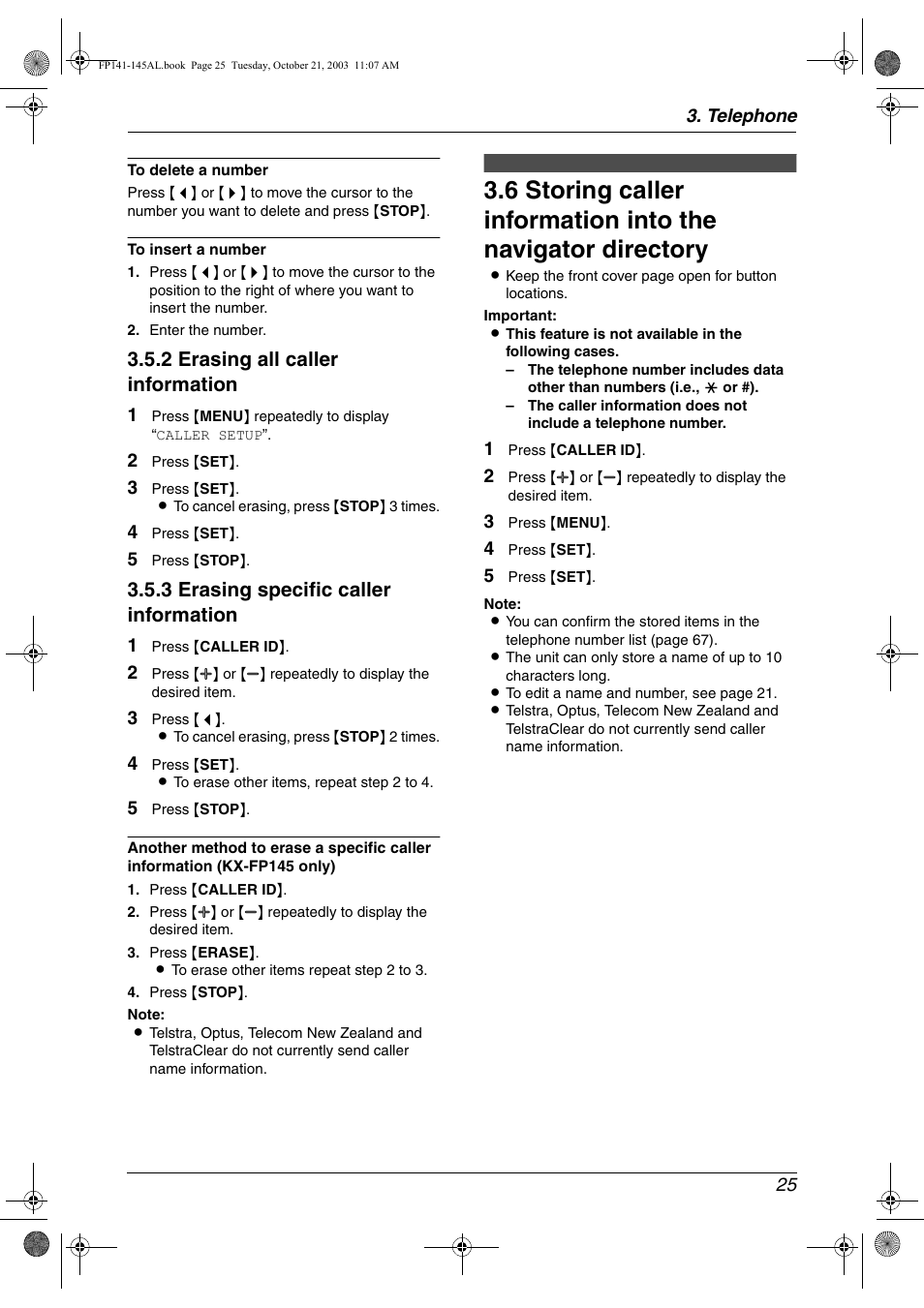 2 erasing all caller information, 3 erasing specific caller information | Panasonic KX-FP145AL User Manual | Page 27 / 74