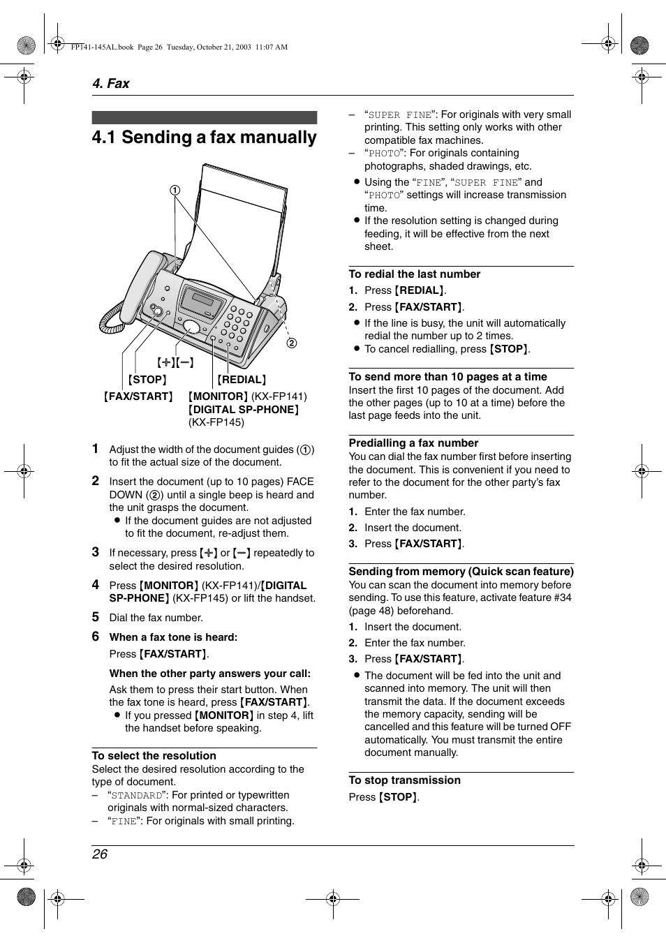 1 sending a fax manually, Fax 26 | Panasonic KX-FP145AL User Manual | Page 28 / 74