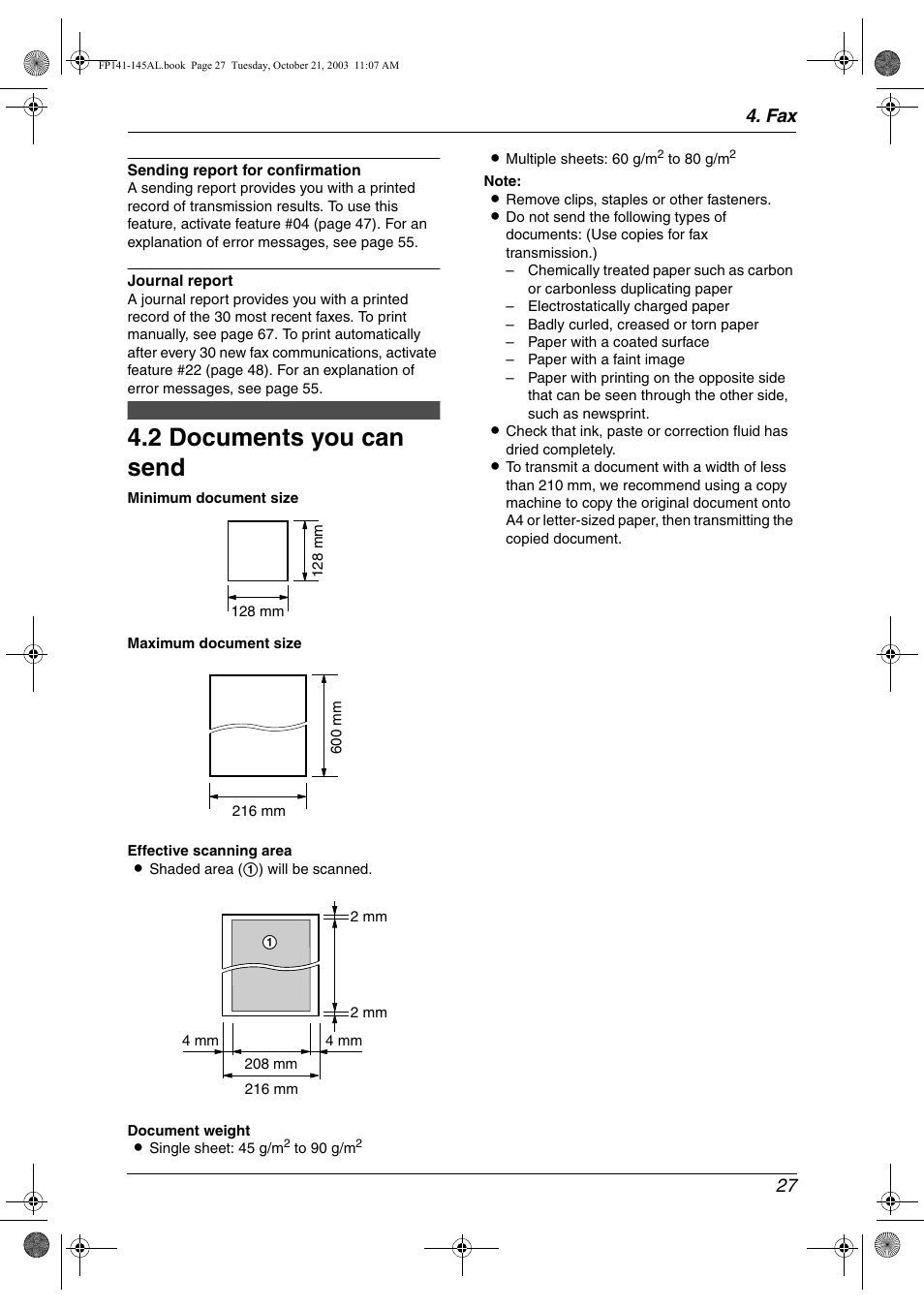 2 documents you can send, Fax 27 | Panasonic KX-FP145AL User Manual | Page 29 / 74