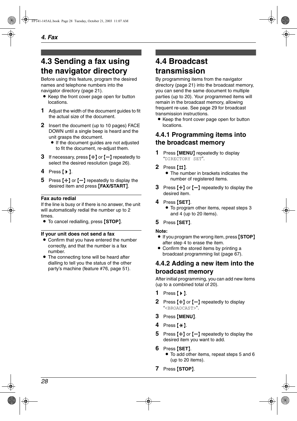 3 sending a fax using the navigator directory, 4 broadcast transmission | Panasonic KX-FP145AL User Manual | Page 30 / 74