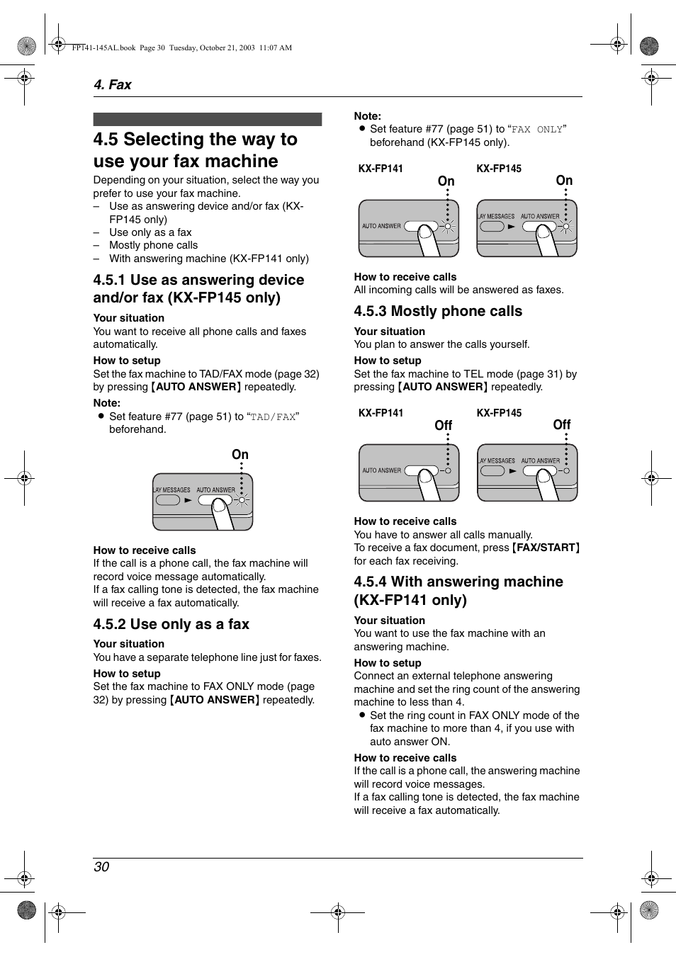 5 selecting the way to use your fax machine, 2 use only as a fax, 3 mostly phone calls | 4 with answering machine (kx-fp141 only) | Panasonic KX-FP145AL User Manual | Page 32 / 74
