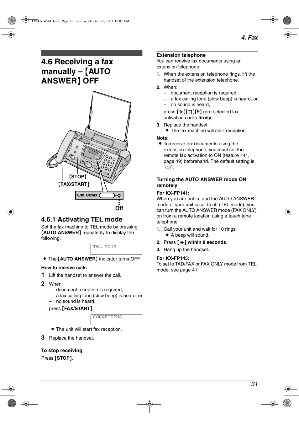 6 receiving a fax manually – { auto answer } off, 1 activating tel mode | Panasonic KX-FP145AL User Manual | Page 33 / 74