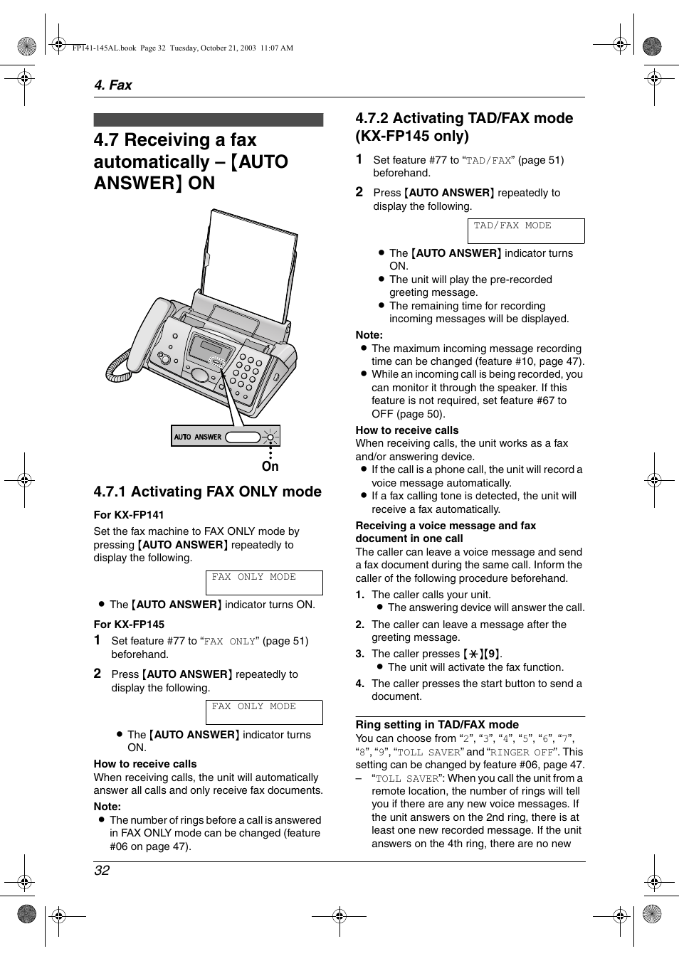 1 activating fax only mode, 2 activating tad/fax mode (kx-fp145 only) | Panasonic KX-FP145AL User Manual | Page 34 / 74