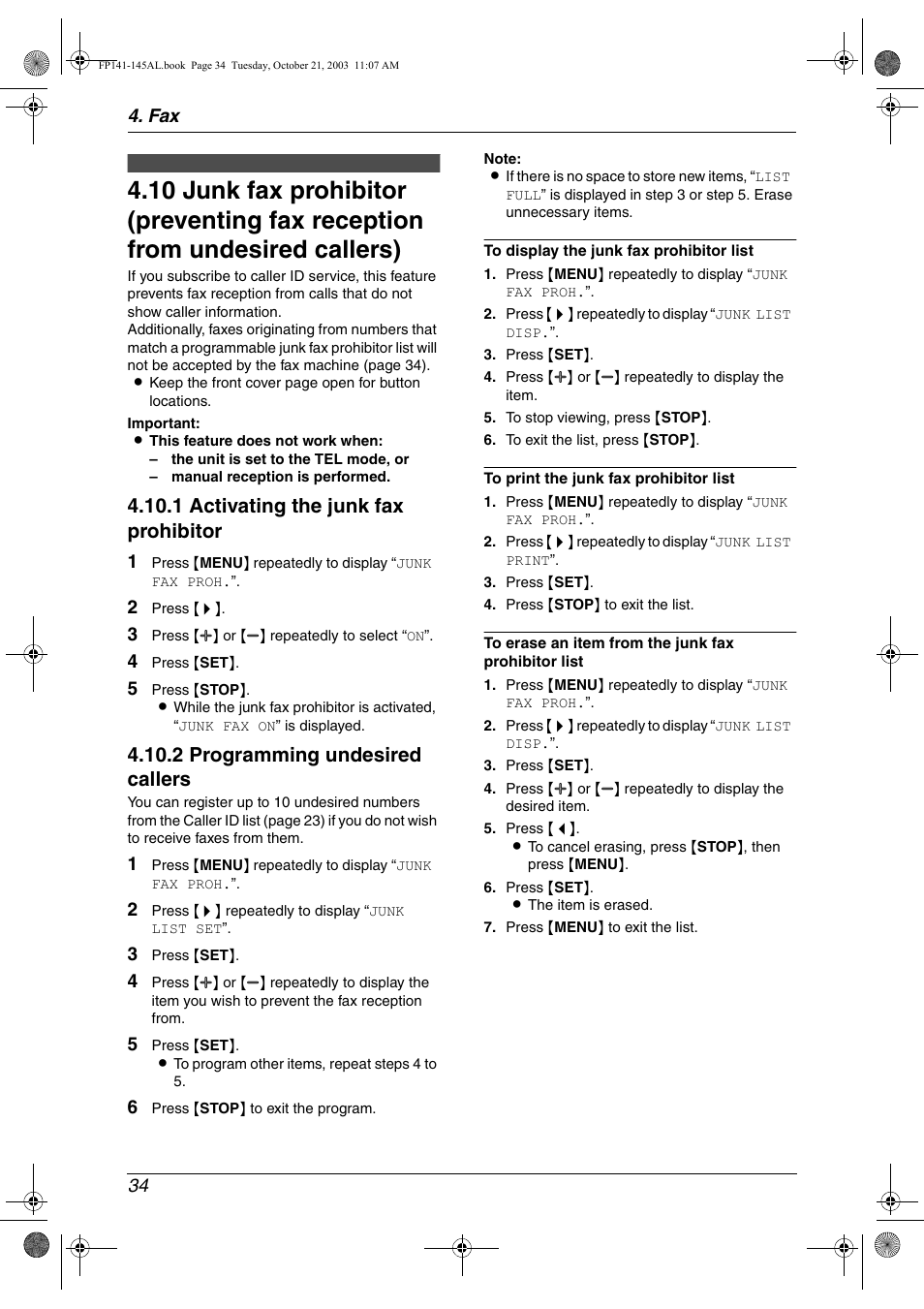 1 activating the junk fax prohibitor, 2 programming undesired callers | Panasonic KX-FP145AL User Manual | Page 36 / 74