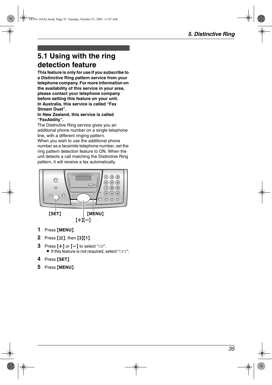 1 using with the ring detection feature, Distinctive ring 35 | Panasonic KX-FP145AL User Manual | Page 37 / 74