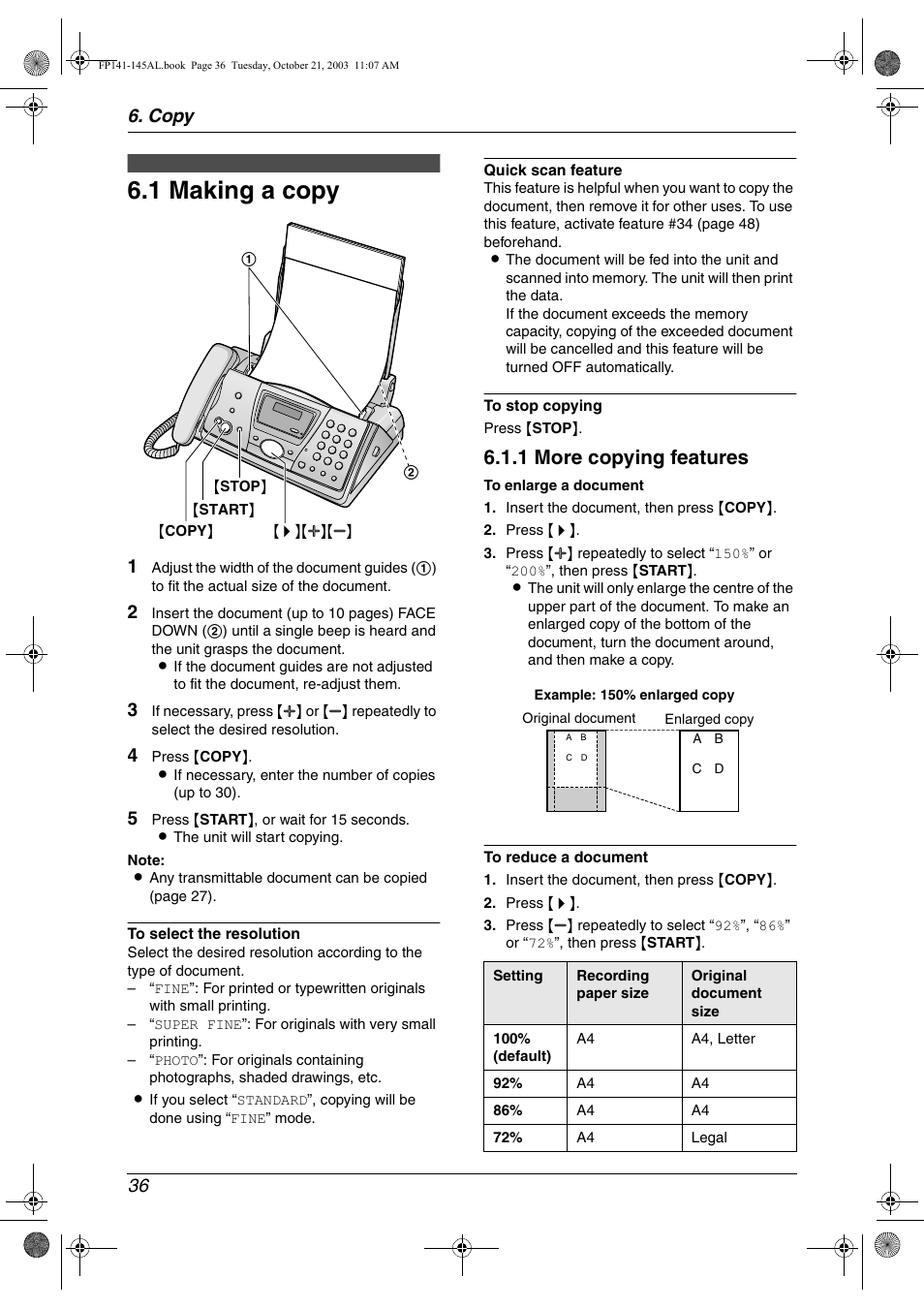 1 making a copy, 1 more copying features, Copy 36 | Panasonic KX-FP145AL User Manual | Page 38 / 74