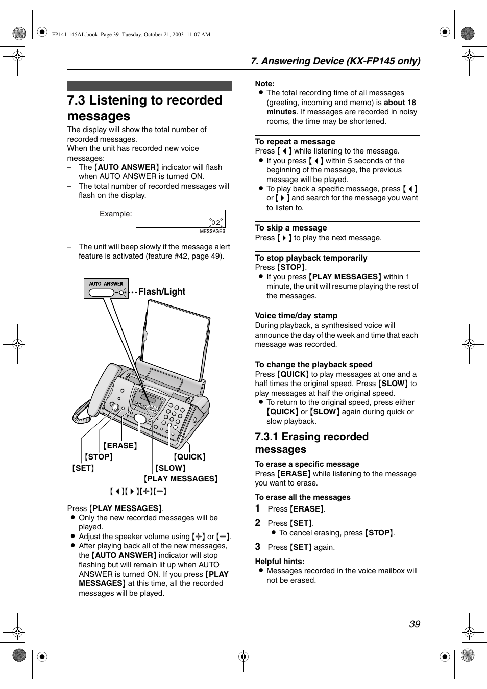 3 listening to recorded messages, 1 erasing recorded messages, Flash/light | Panasonic KX-FP145AL User Manual | Page 41 / 74