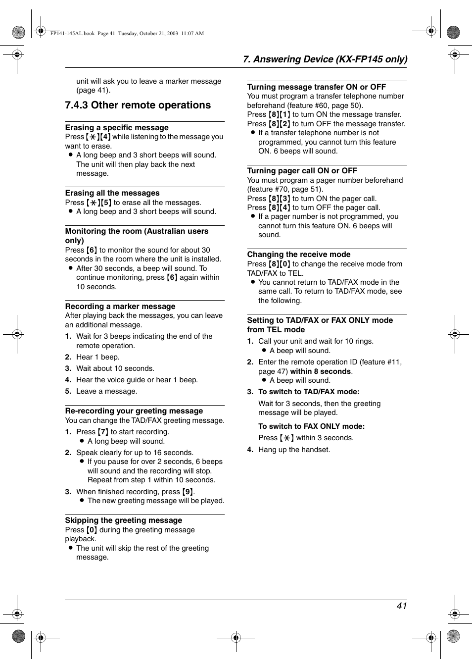3 other remote operations | Panasonic KX-FP145AL User Manual | Page 43 / 74