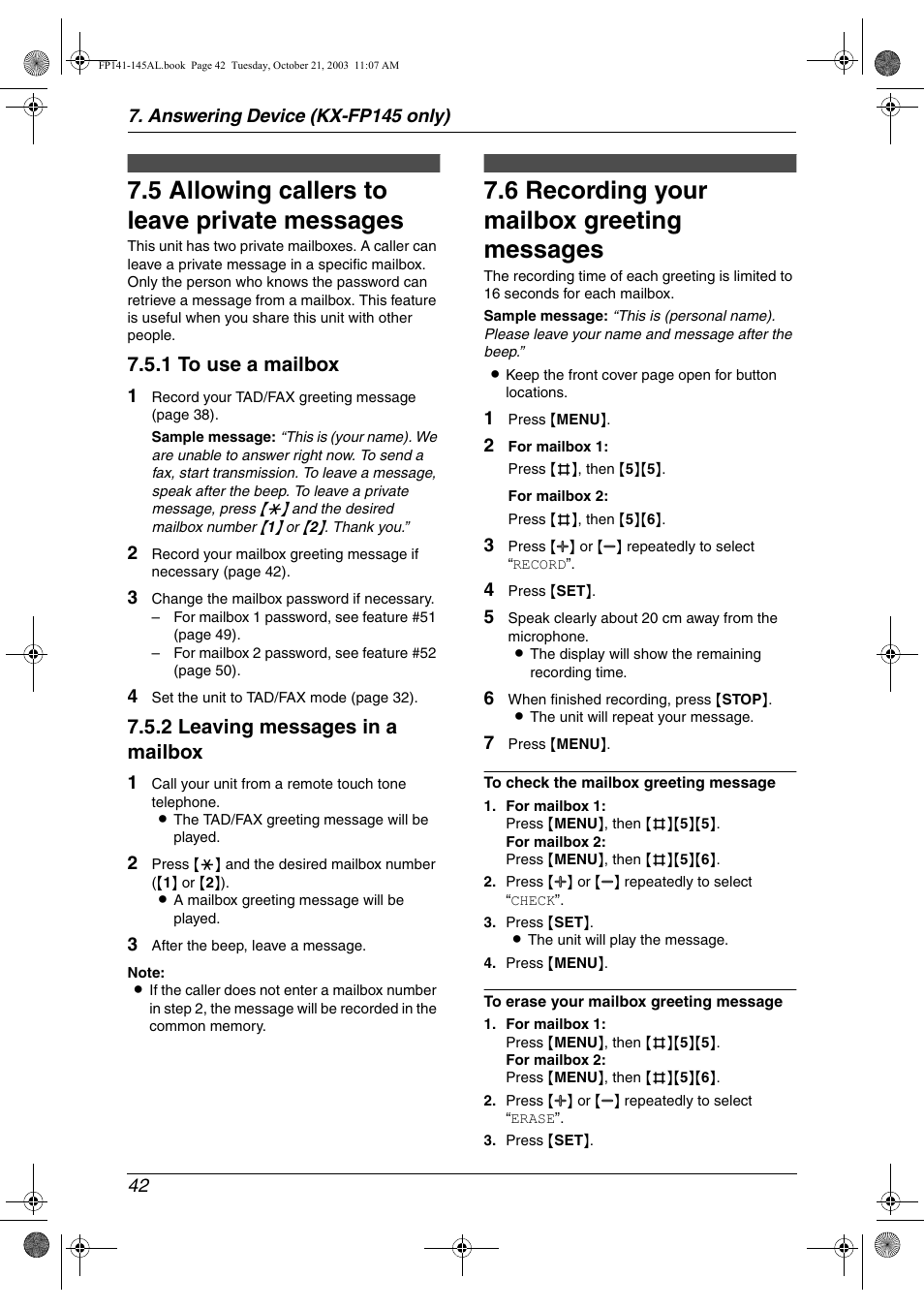 5 allowing callers to leave private messages, 6 recording your mailbox greeting messages, 1 to use a mailbox | 2 leaving messages in a mailbox | Panasonic KX-FP145AL User Manual | Page 44 / 74