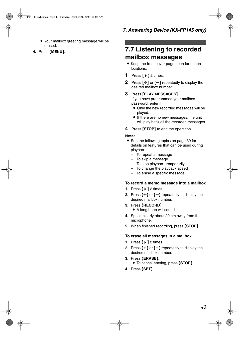 7 listening to recorded mailbox messages | Panasonic KX-FP145AL User Manual | Page 45 / 74