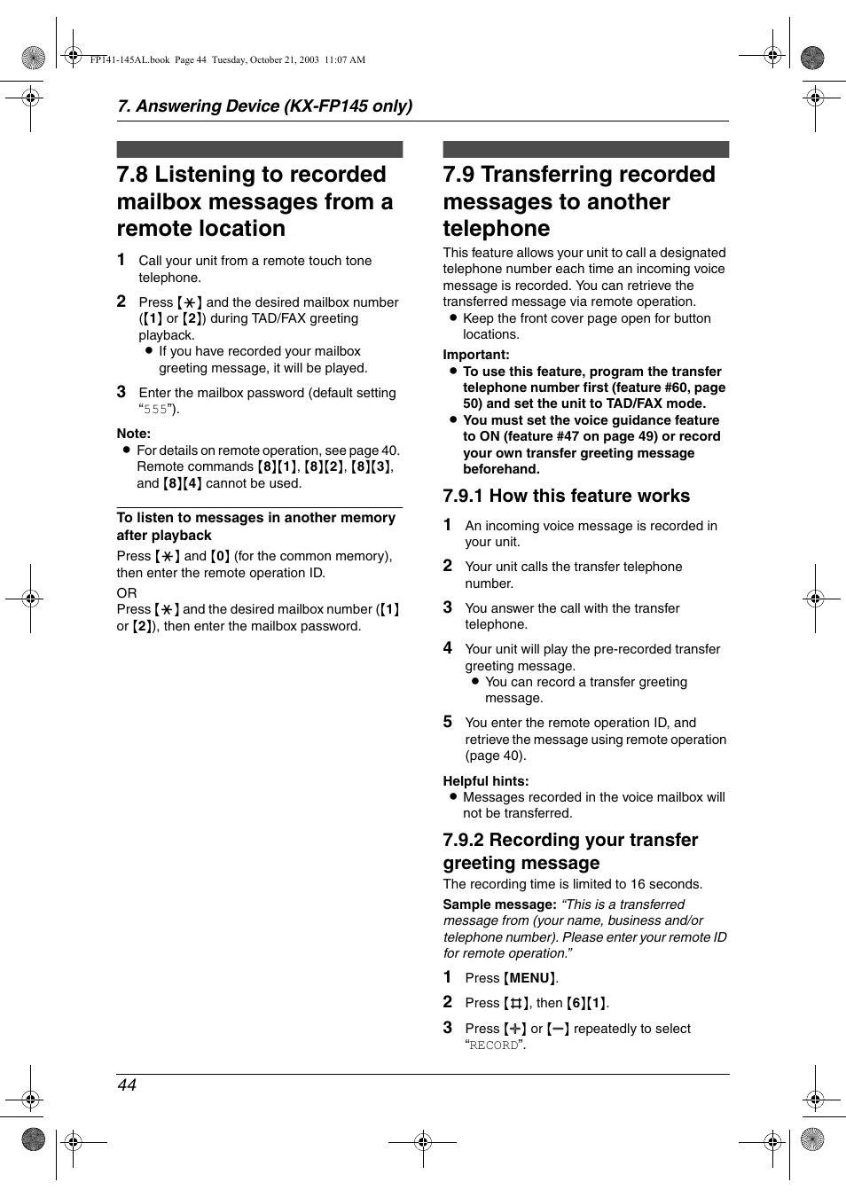 1 how this feature works, 2 recording your transfer greeting message | Panasonic KX-FP145AL User Manual | Page 46 / 74