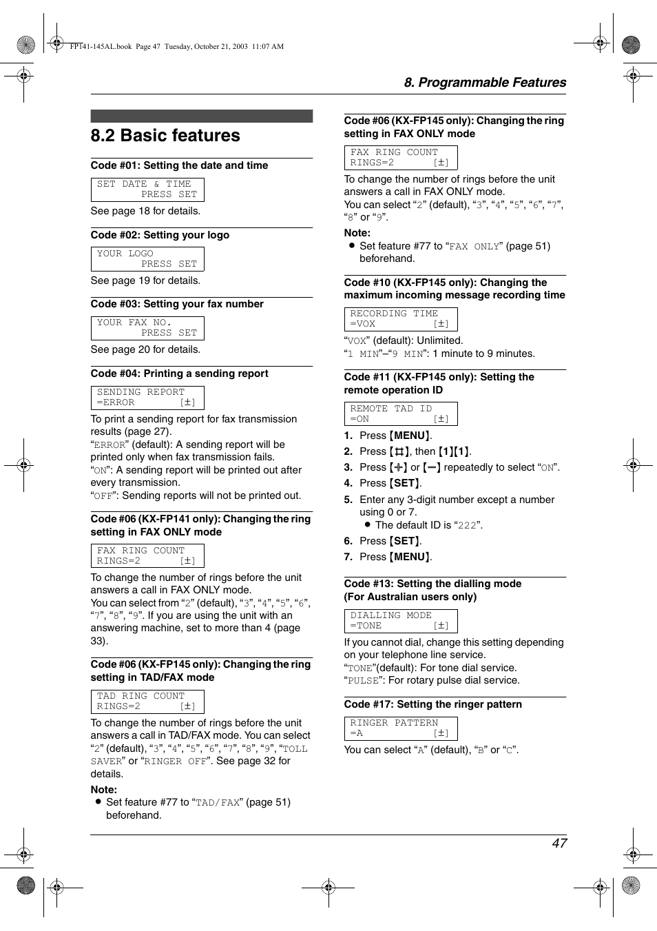 2 basic features, Programmable features 47 | Panasonic KX-FP145AL User Manual | Page 49 / 74