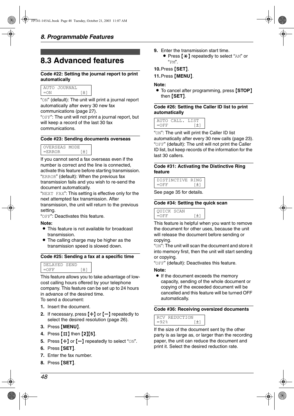 3 advanced features, Programmable features 48 | Panasonic KX-FP145AL User Manual | Page 50 / 74