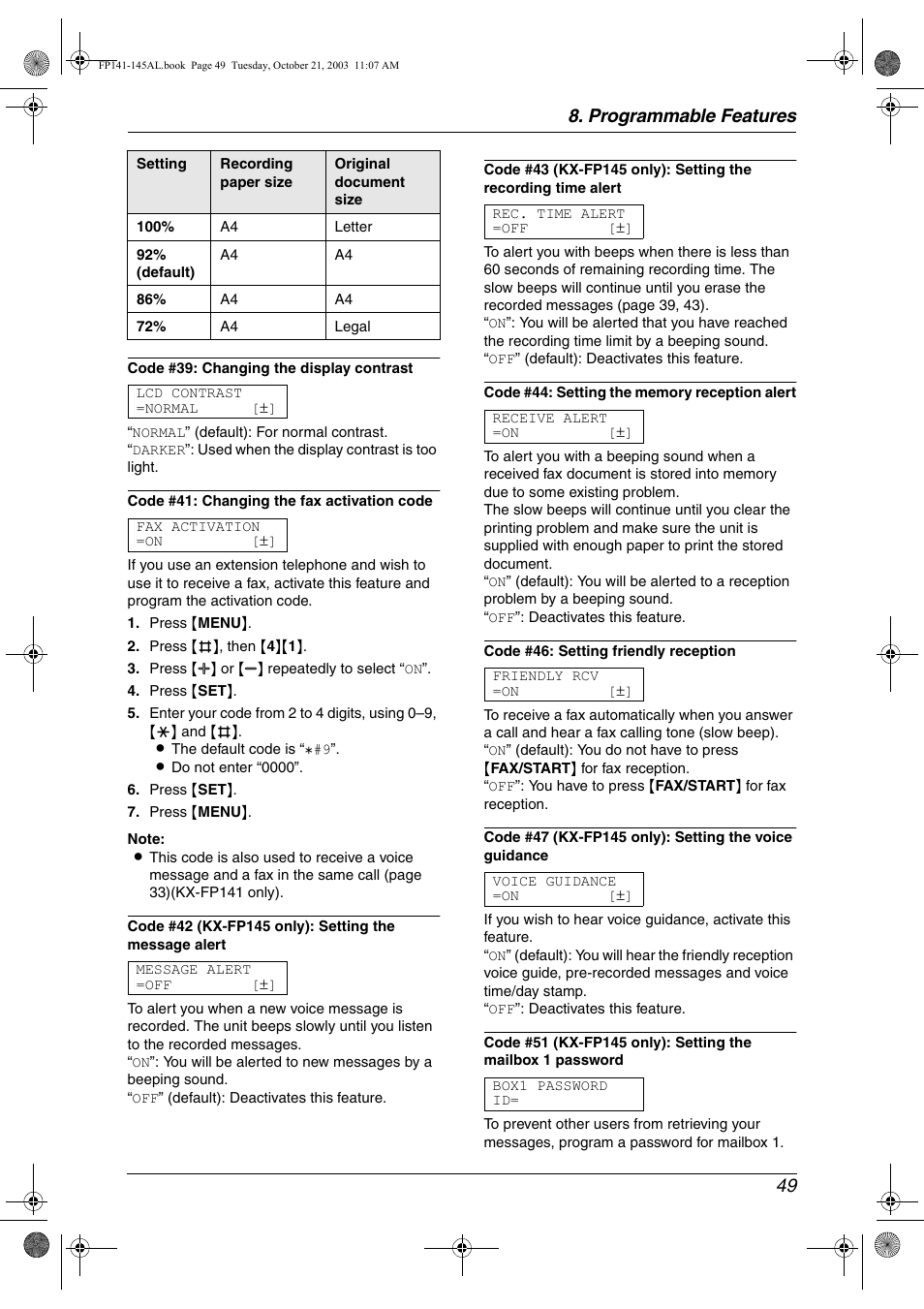 Programmable features 49 | Panasonic KX-FP145AL User Manual | Page 51 / 74