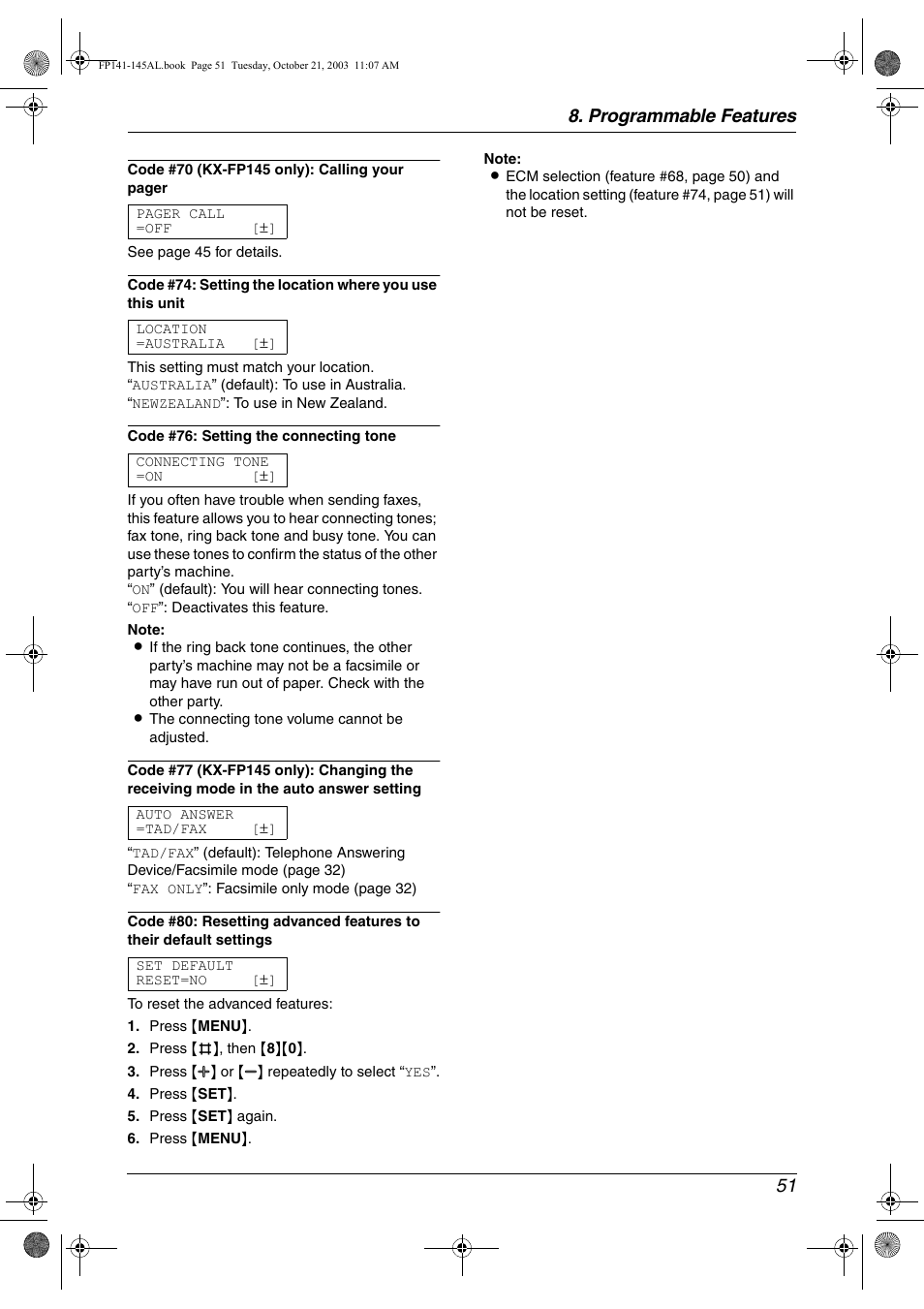 Programmable features 51 | Panasonic KX-FP145AL User Manual | Page 53 / 74