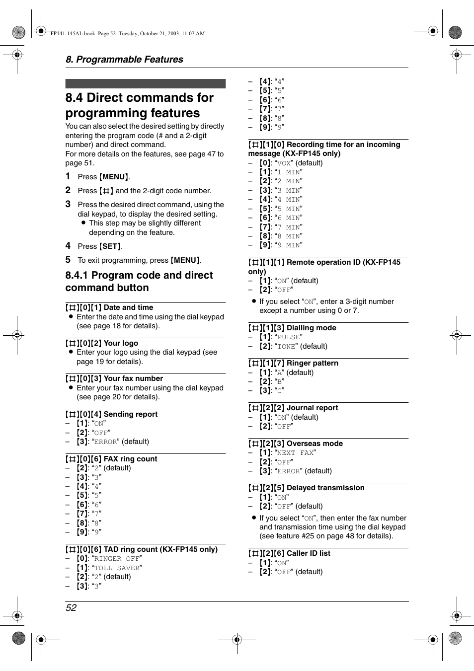 4 direct commands for programming features, 1 program code and direct command button, Programmable features 52 | Panasonic KX-FP145AL User Manual | Page 54 / 74