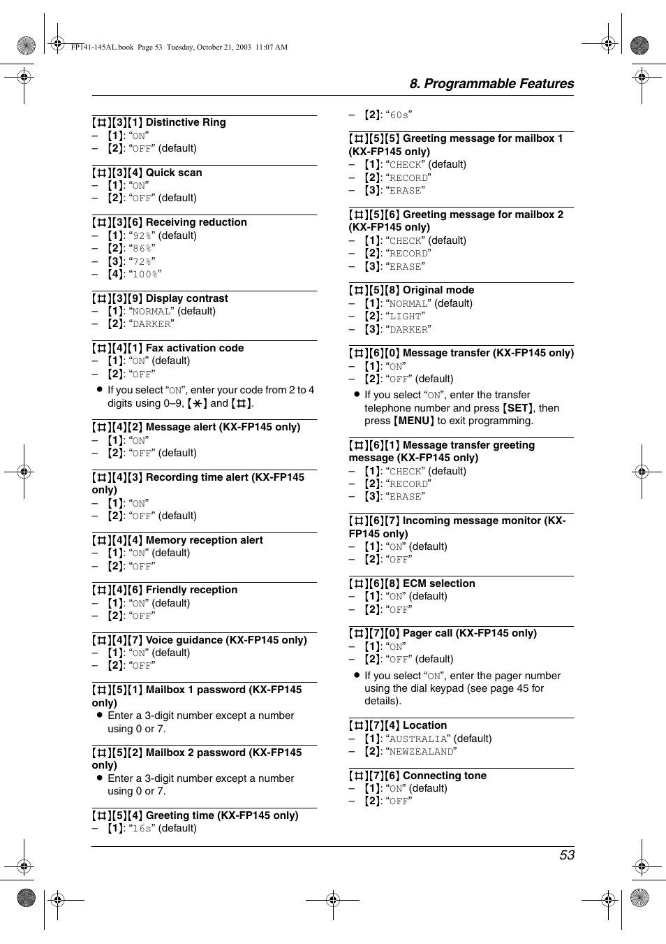 Programmable features 53 | Panasonic KX-FP145AL User Manual | Page 55 / 74