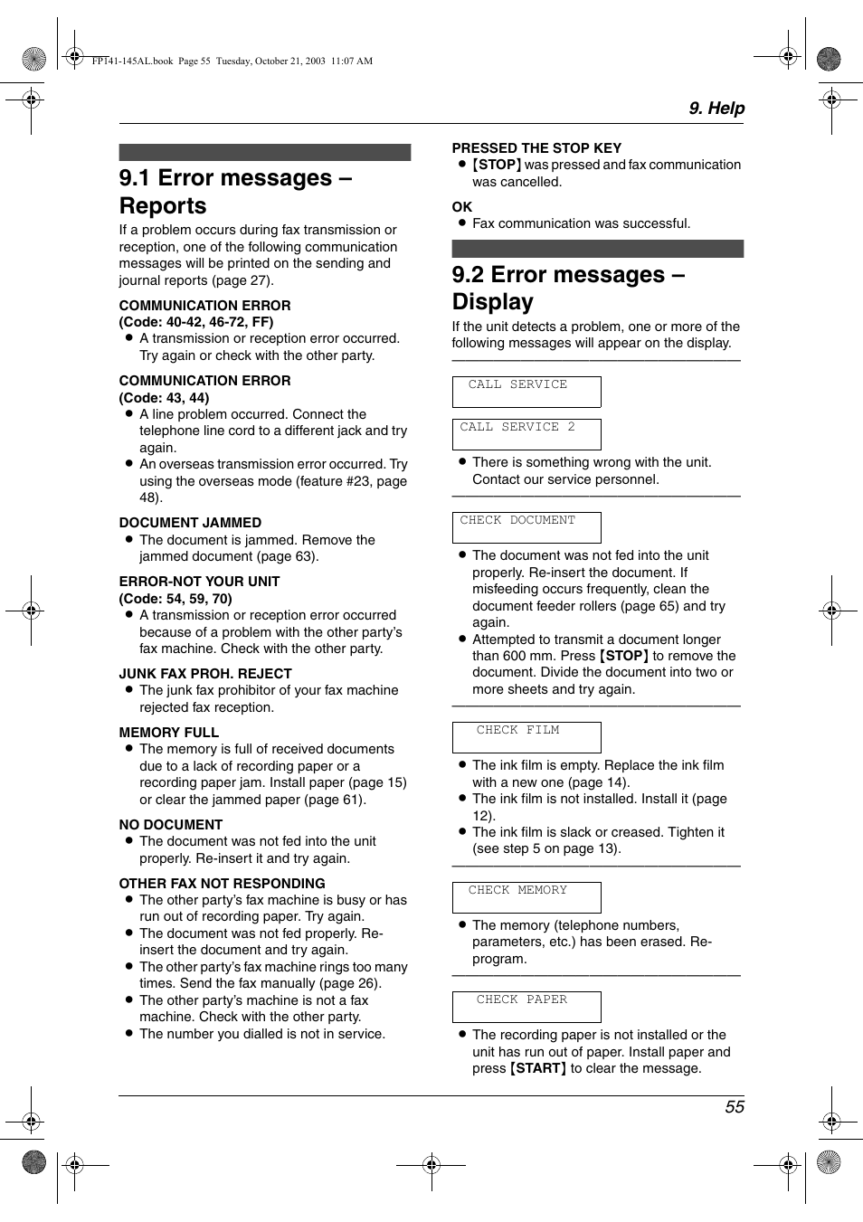 1 error messages – reports, 2 error messages – display, Help 55 | Panasonic KX-FP145AL User Manual | Page 57 / 74